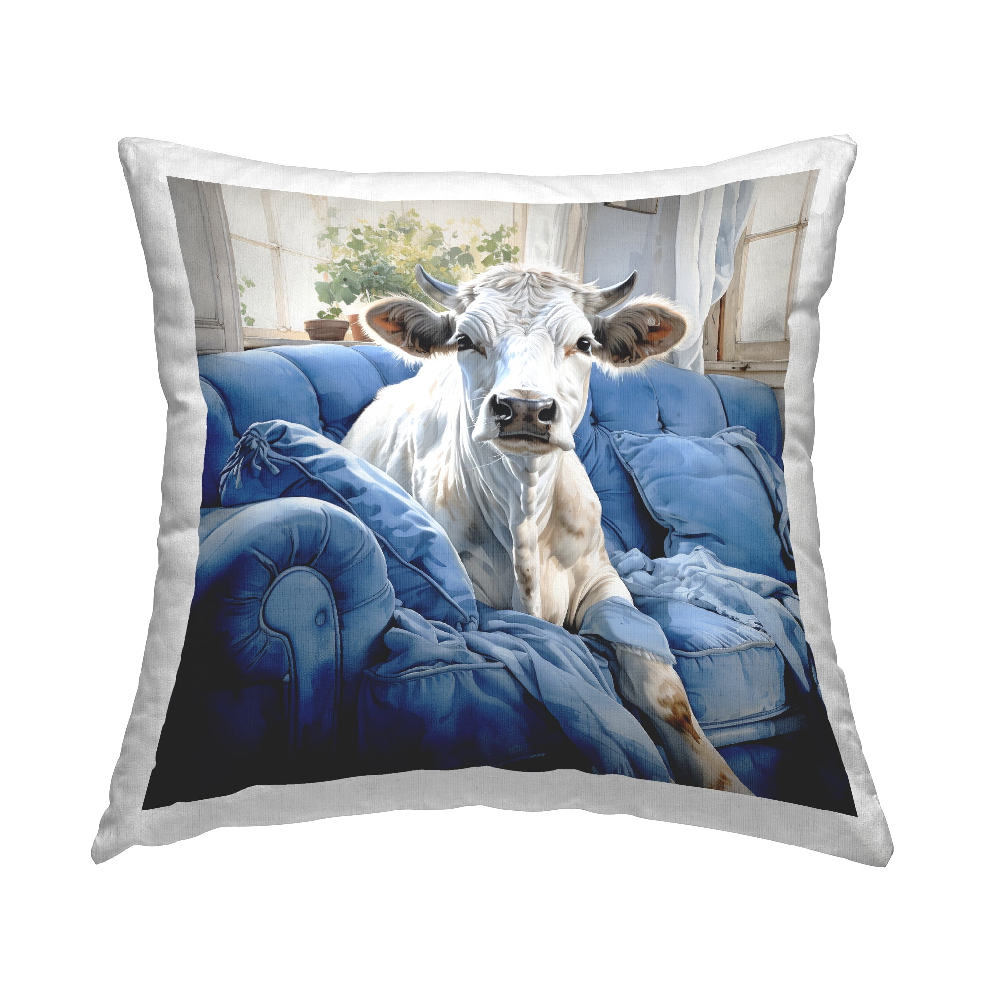 Stupell Industries Cattle on Blue Couch Decorative Printed Throw Pillow, 18 x 18