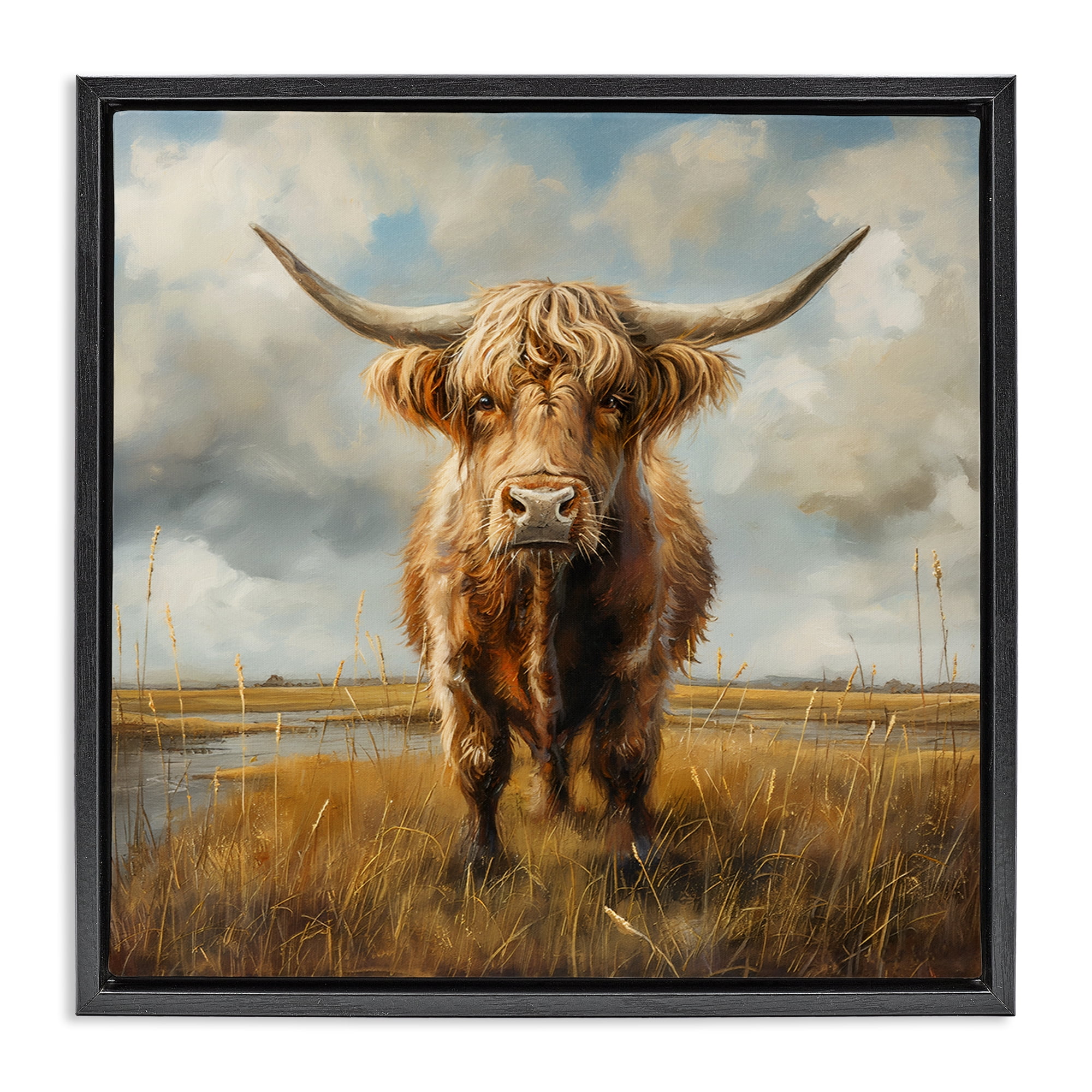 Stupell Industries Cattle on Scenic Farm Animals Painting Black Floater Framed Canvas Art Print Wall Art, 18 x 18