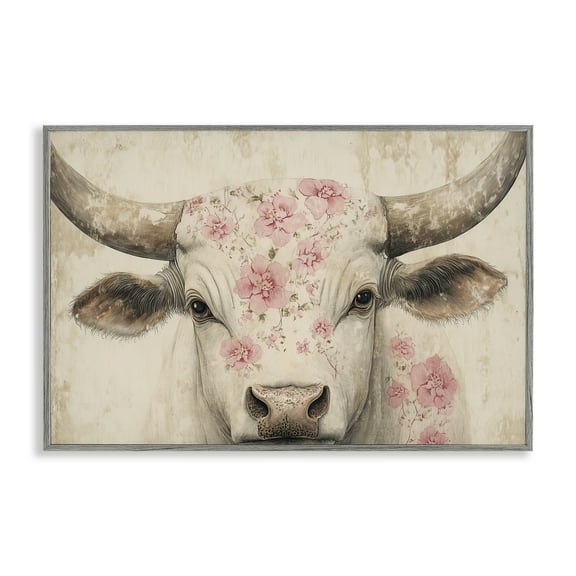 Stupell Industries Cattle with Cherry Blossom Pattern Gray Framed Giclee Art design by Heidi Kuntz, 12 x 18