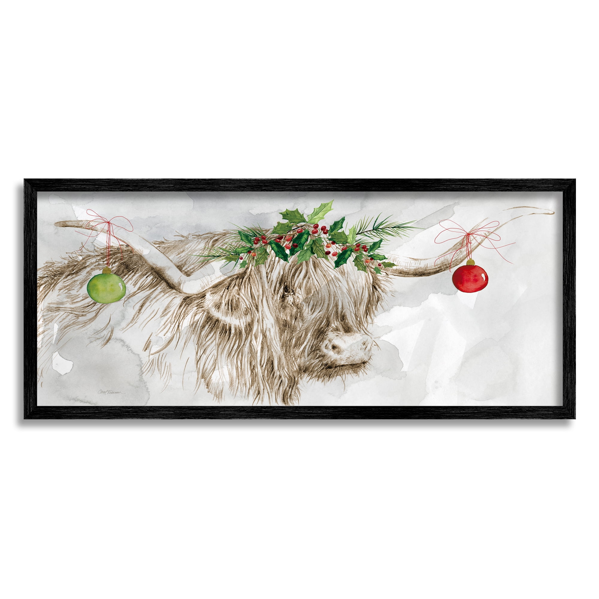 Stupell Industries Cattle with Christmas Ornaments Holiday Painting Black Framed Art Print Wall Art