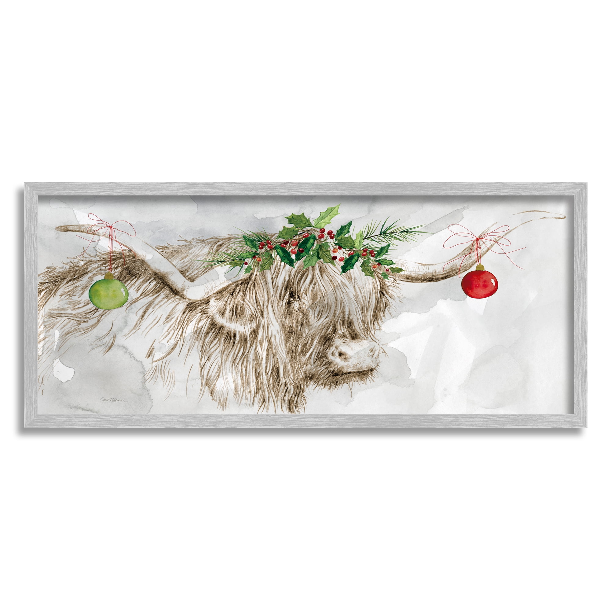 Stupell Industries Cattle with Christmas Ornaments Holiday Painting Gray Framed Art Print Wall Art
