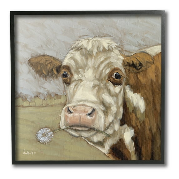 Stupell Industries Cattle with Dandelion Sprig Animals & Insects Painting Black Framed Art Print Wall Art, 12 x 12