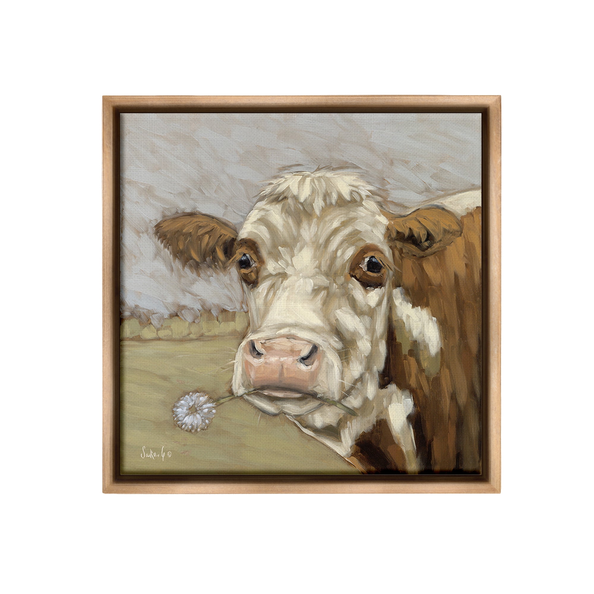 Stupell Industries Cattle with Dandelion Sprig Animals & Insects Painting Brown Floater Framed Canvas Art Print Wall Art, 18 x 18