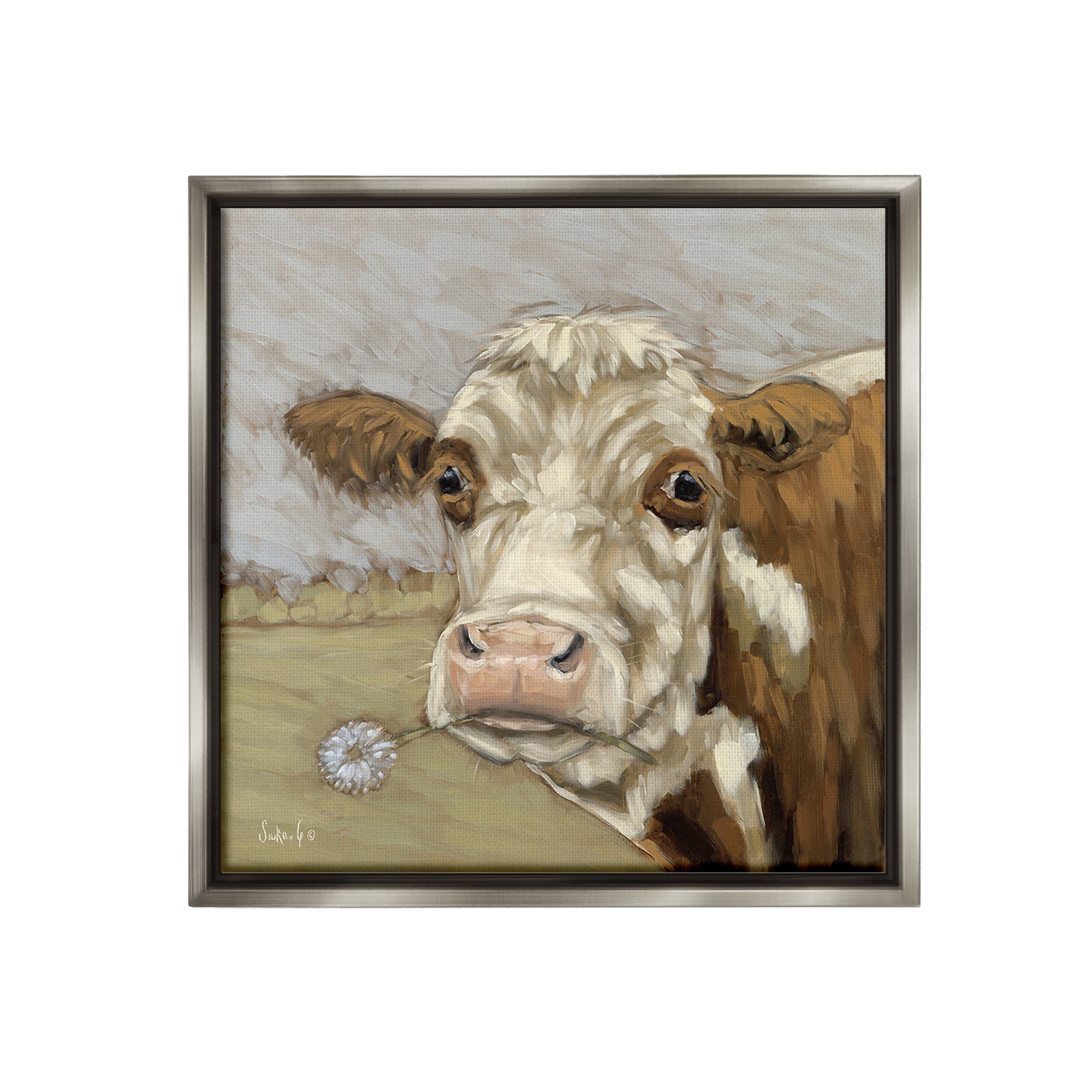 Stupell Industries Cattle with Dandelion Sprig Animals & Insects Painting Gray Floater Framed Canvas Art Print Wall Art, 18 x 18