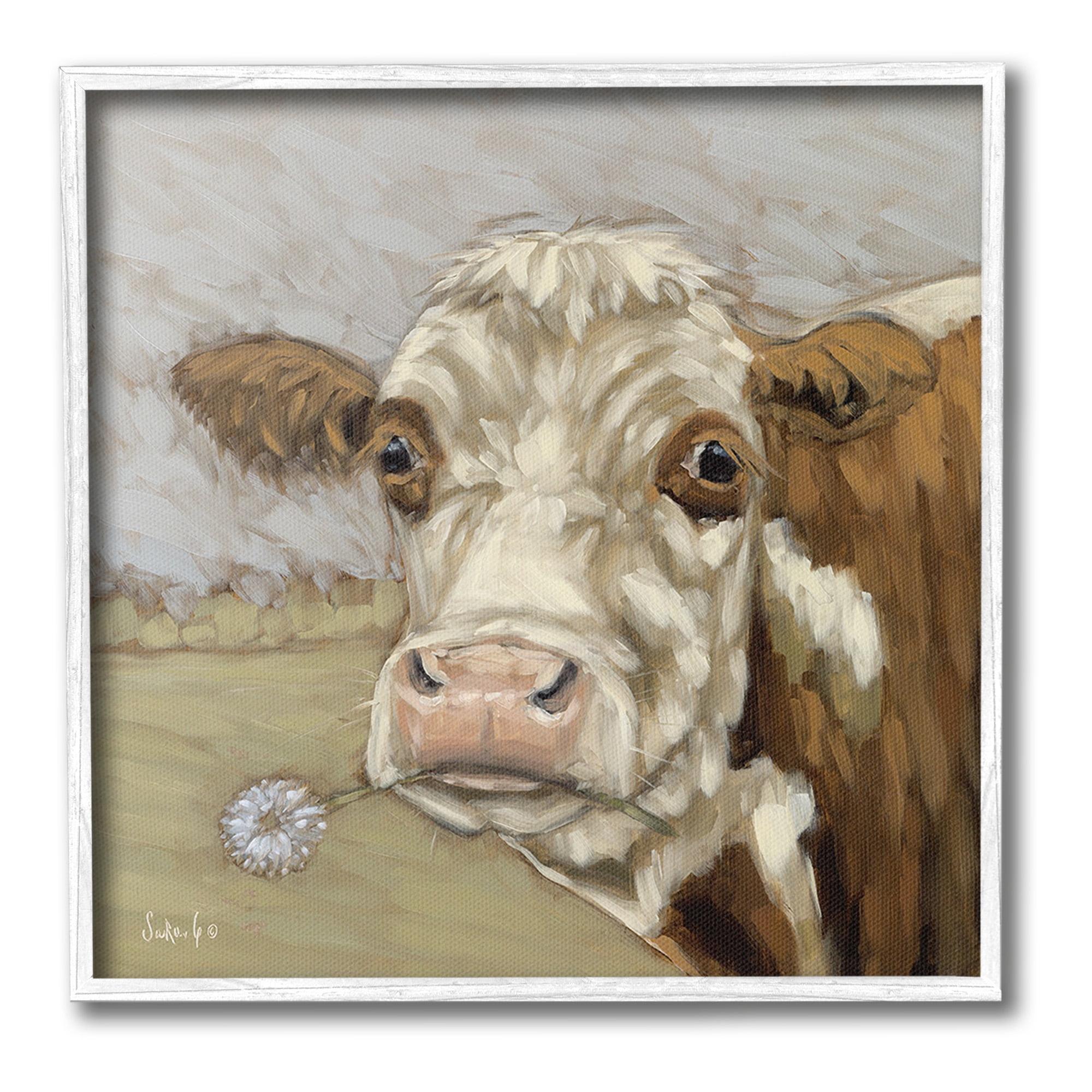 Stupell Industries Cattle with Dandelion Sprig Animals & Insects Painting White Framed Art Print Wall Art, 24 x 24