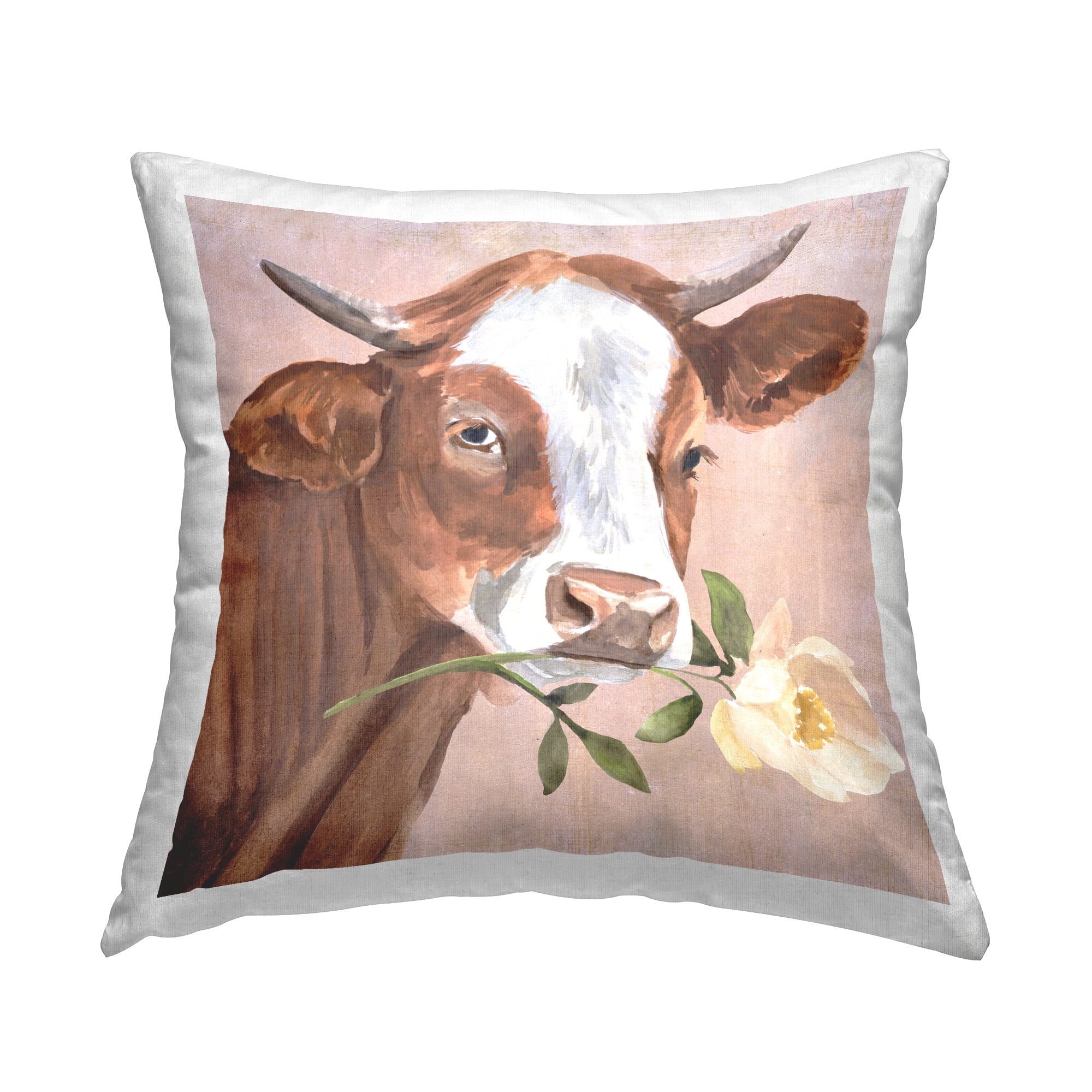 Stupell Industries Cattle with Flower Sprig Square Decorative Printed Throw Pillow, 18 x 18