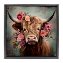 Stupell Industries Cattle with Gerbera Daisies Animals & Insects Painting Black Floater Framed Canvas Art Print Wall Art, 18 x 18