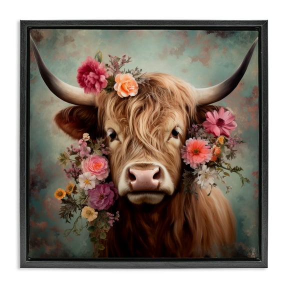 Stupell Industries Cattle with Gerbera Daisies Animals & Insects Painting Black Floater Framed Canvas Art Print Wall Art, 18 x 18
