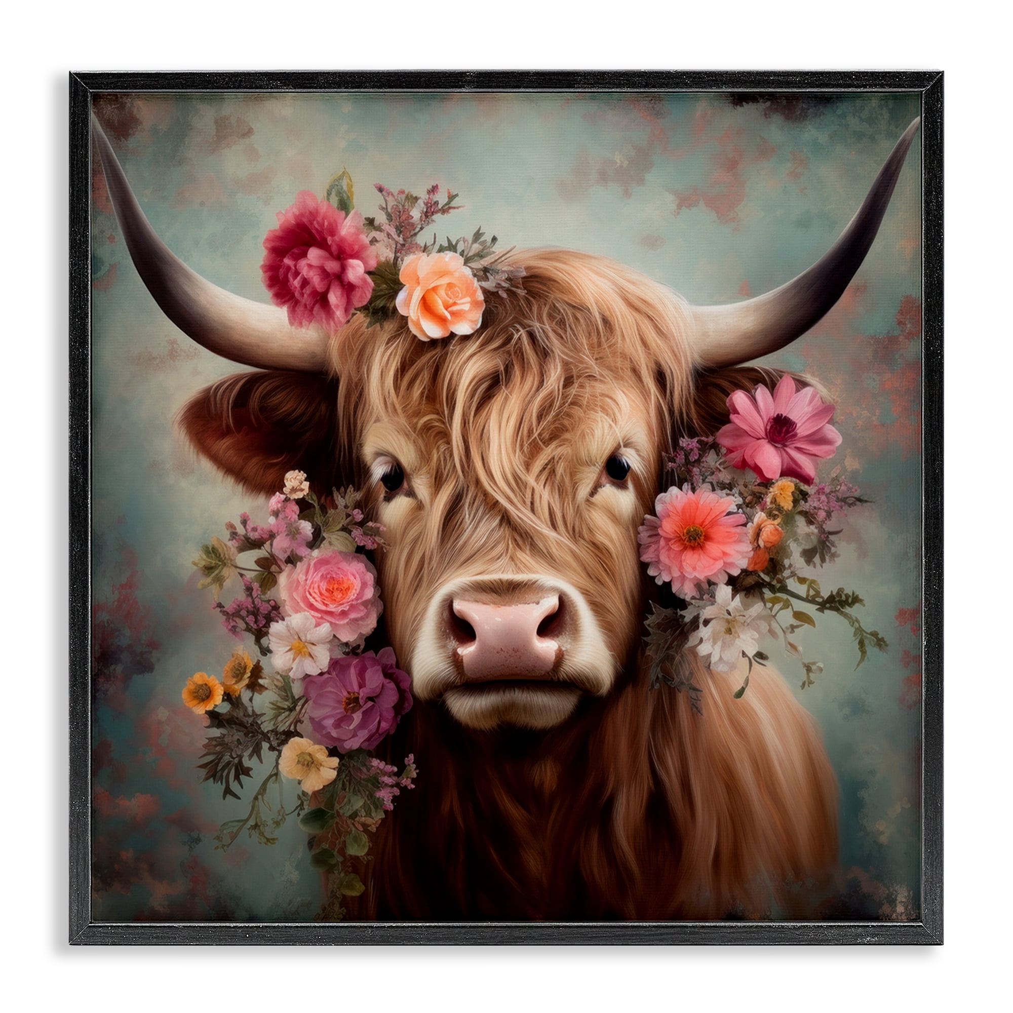 Stupell Industries Cattle with Gerbera Daisies Animals & Insects Painting Black Framed Art Print Wall Art, 17 x 17