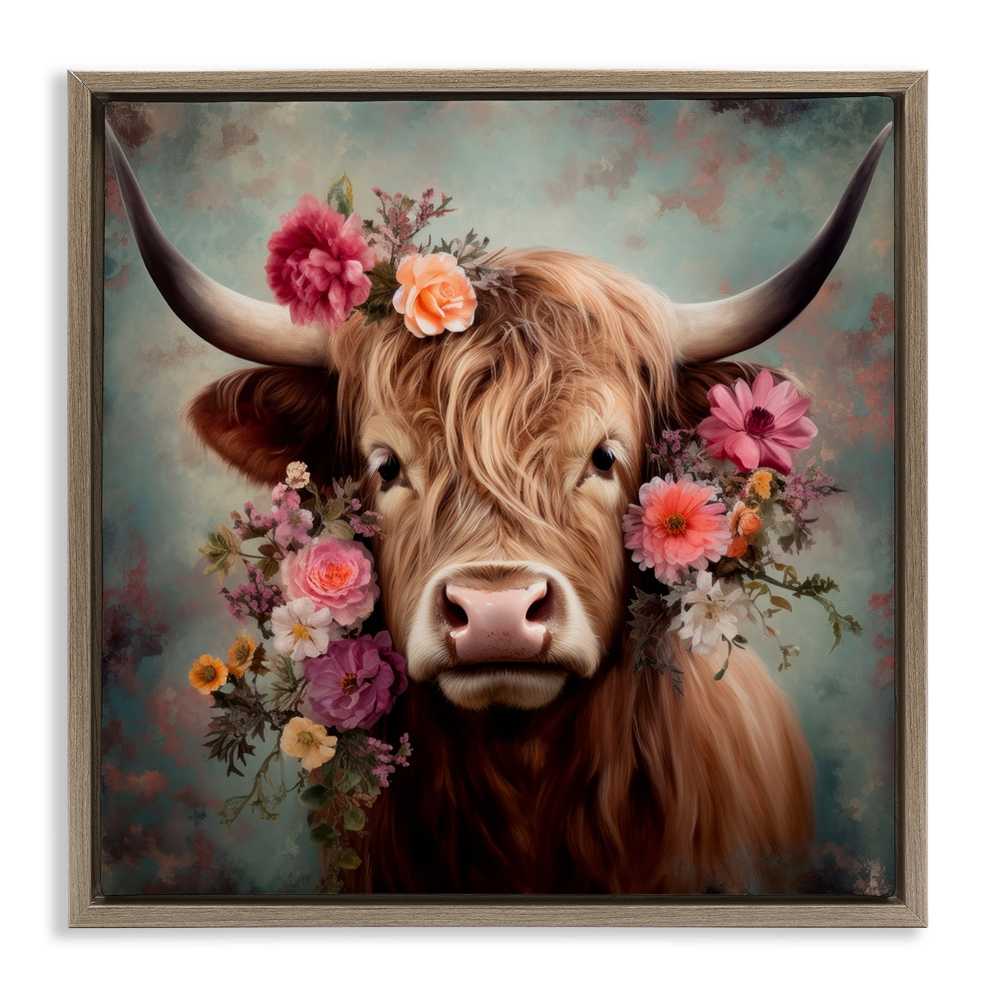Stupell Industries Cattle with Gerbera Daisies Animals & Insects Painting Brown Floater Framed Canvas Art Print Wall Art, 25 x 25