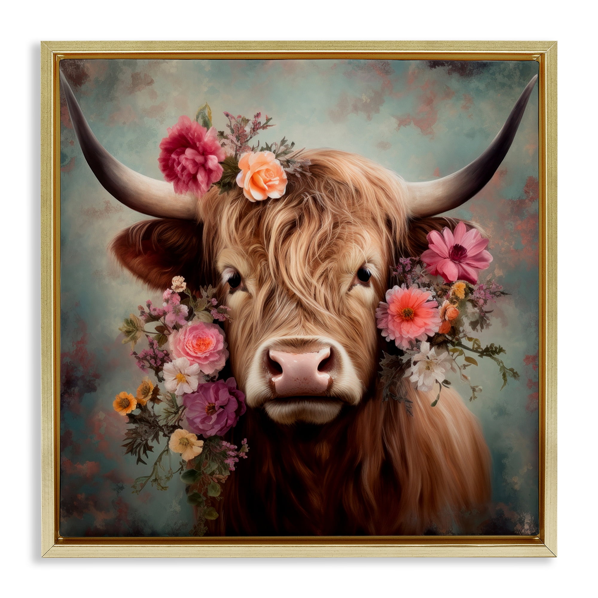 Stupell Industries Cattle with Gerbera Daisies Animals & Insects Painting Gold Floater Framed Canvas Art Print Wall Art, 18 x 18