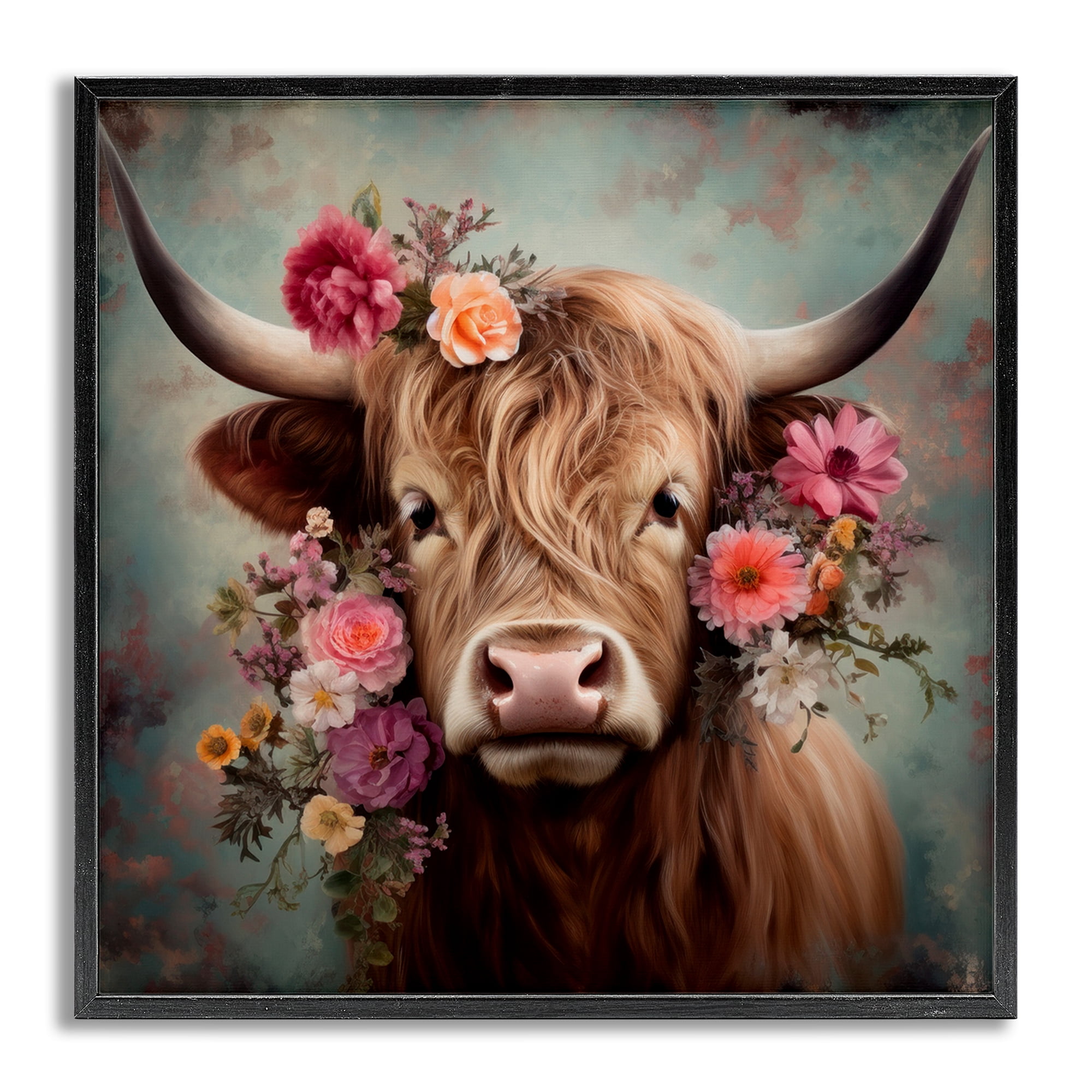 Stupell Industries Cattle with Gerbera Daisies Animals & Insects Painting Gray Framed Art Print Wall Art, 12 x 12