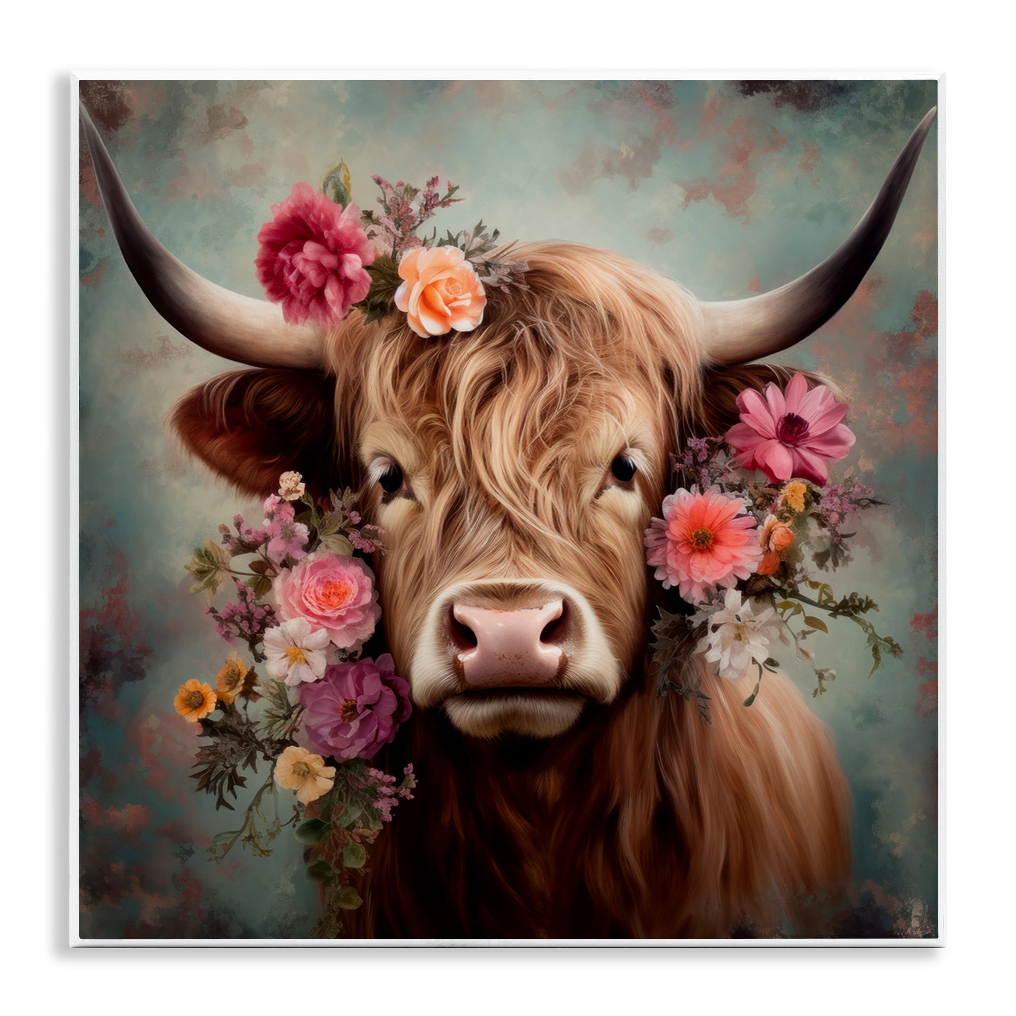 Stupell Industries Cattle with Gerbera Daisies Animals & Insects Painting Unframed Art Print Wall Art, 12 x 12