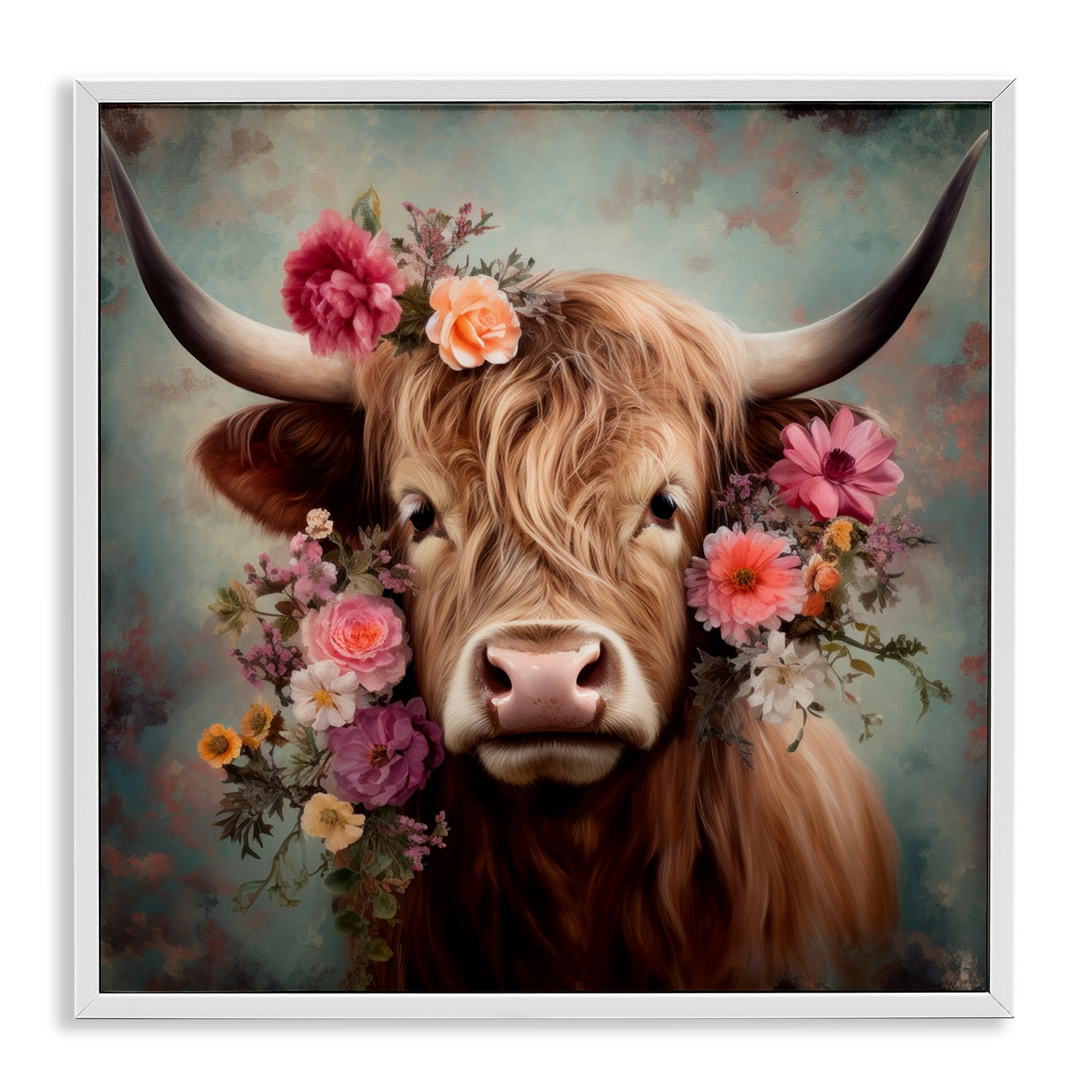 Stupell Industries Cattle with Gerbera Daisies Animals & Insects Painting White Framed Art Print Wall Art, 24 x 24