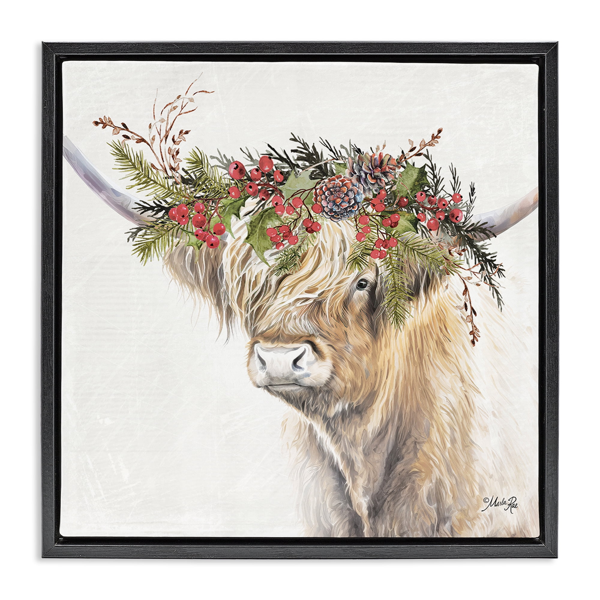 Stupell Industries Cattle with Seasonal Berries Animals & Insects Painting Black Floater Framed Canvas Art Print Wall Art, 25 x 25