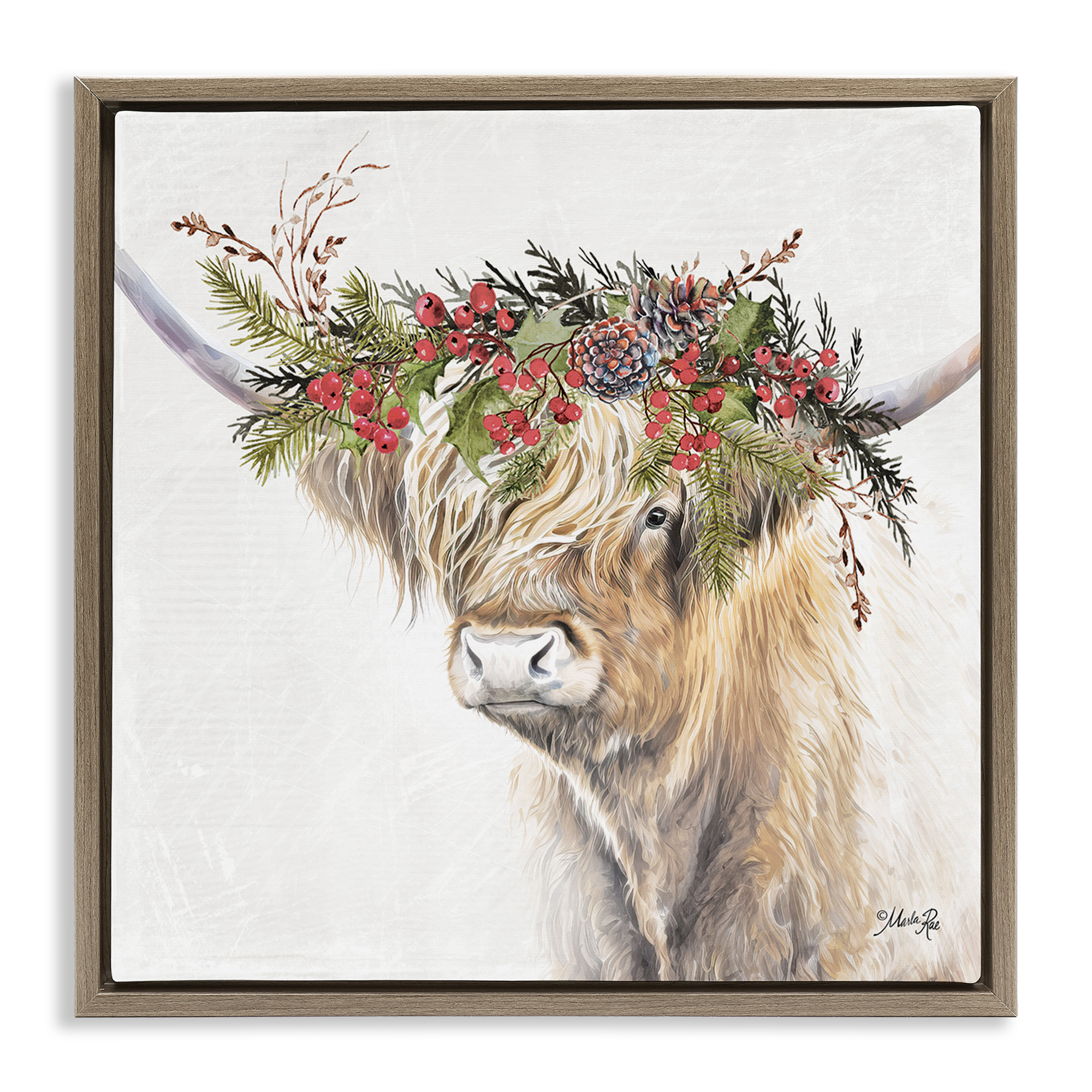 Stupell Industries Cattle with Seasonal Berries Animals & Insects Painting Brown Floater Framed Canvas Art Print Wall Art, 18 x 18
