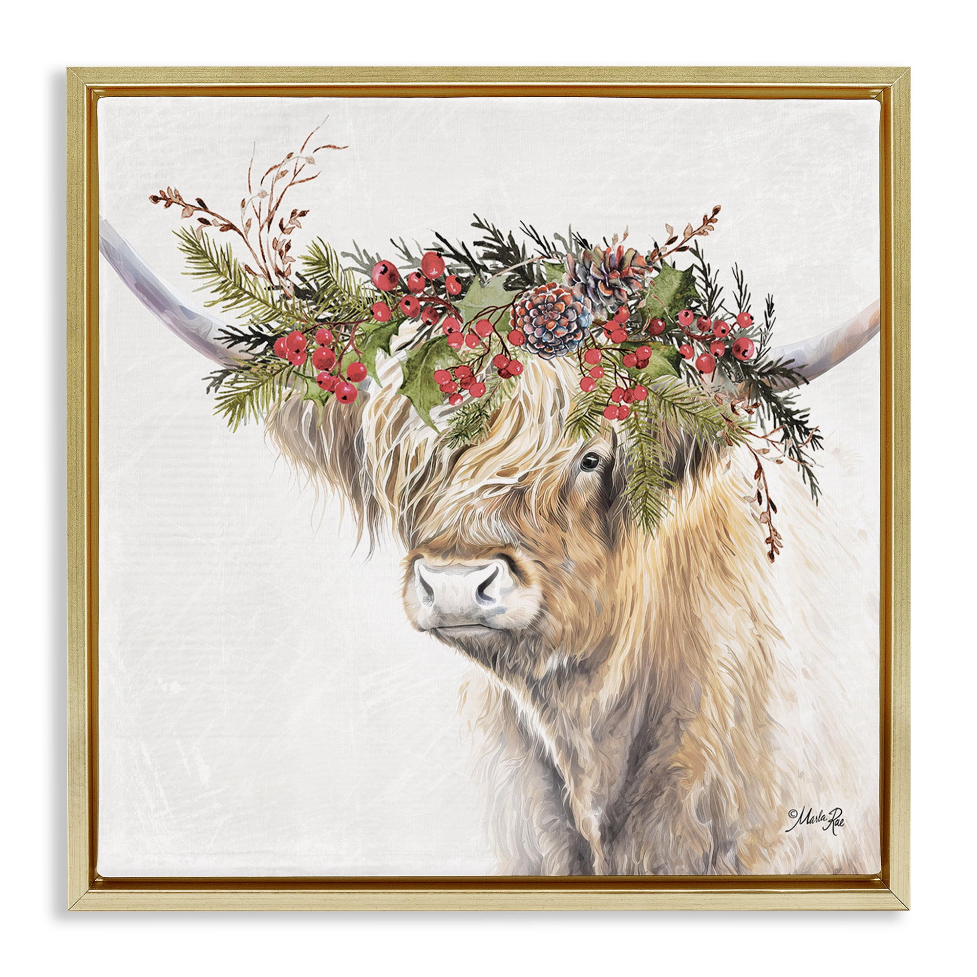 Stupell Industries Cattle with Seasonal Berries Animals & Insects Painting Gold Floater Framed Canvas Art Print Wall Art, 18 x 18
