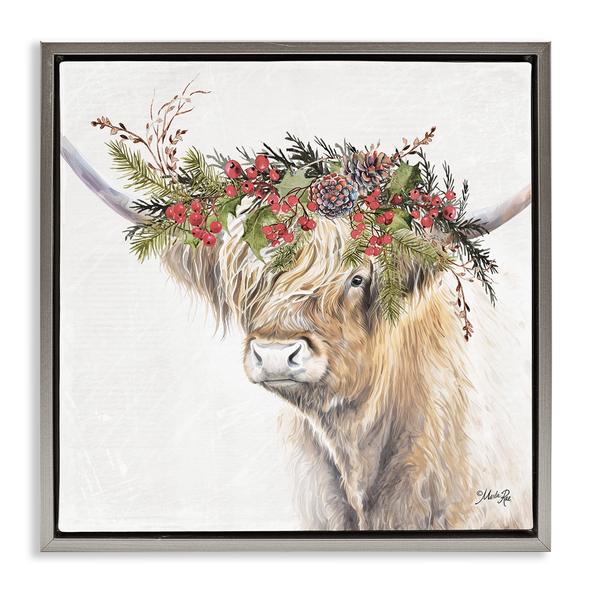 Stupell Industries Cattle with Seasonal Berries Animals & Insects Painting Gray Floater Framed Canvas Art Print Wall Art, 18 x 18