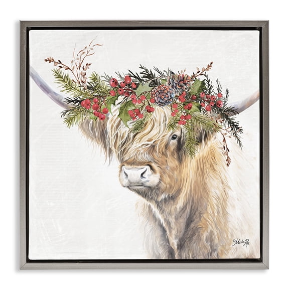 Stupell Industries Cattle with Seasonal Berries Animals & Insects Painting Gray Floater Framed Canvas Art Print Wall Art, 25 x 25