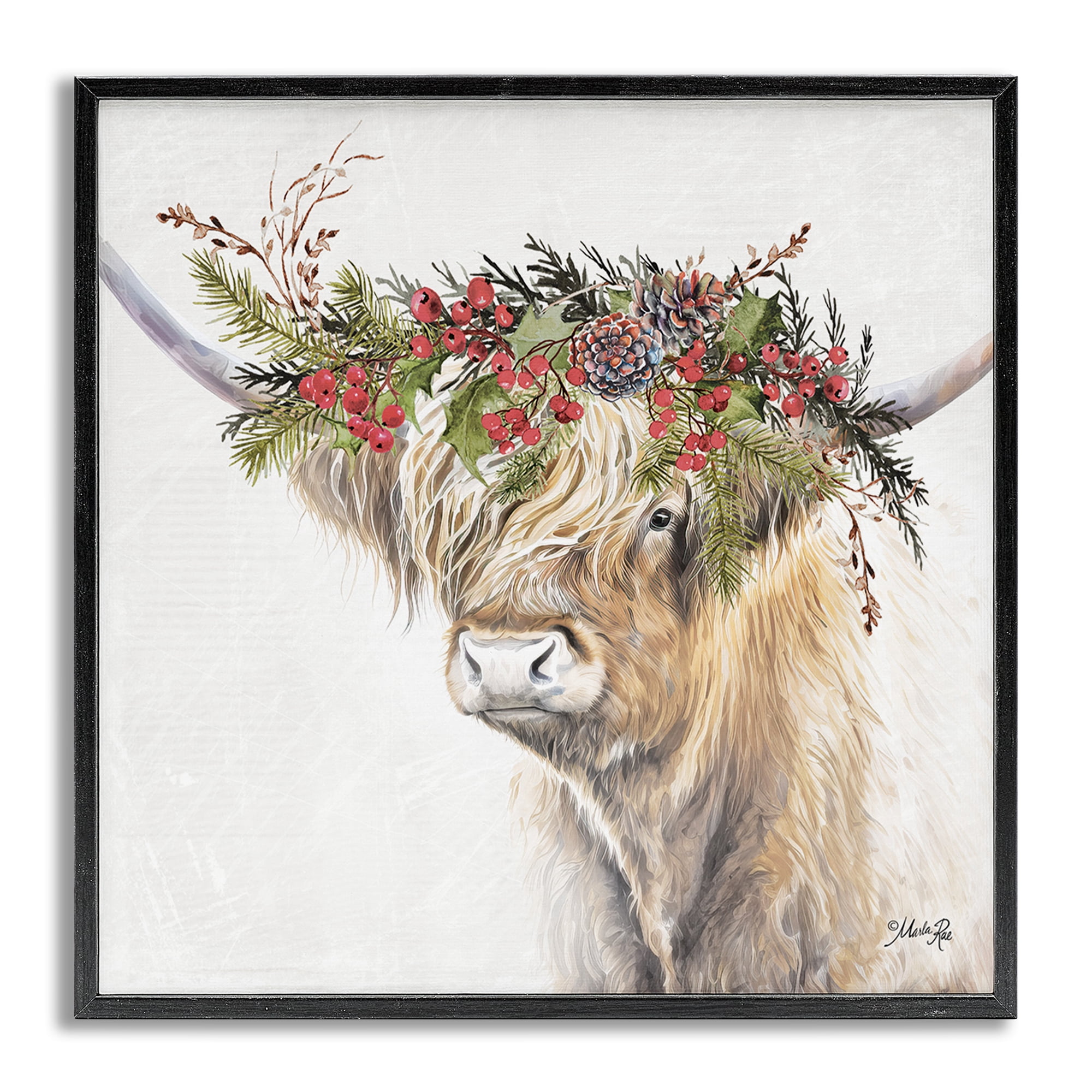 Stupell Industries Cattle with Seasonal Berries Animals & Insects Painting Gray Framed Art Print Wall Art, 12 x 12