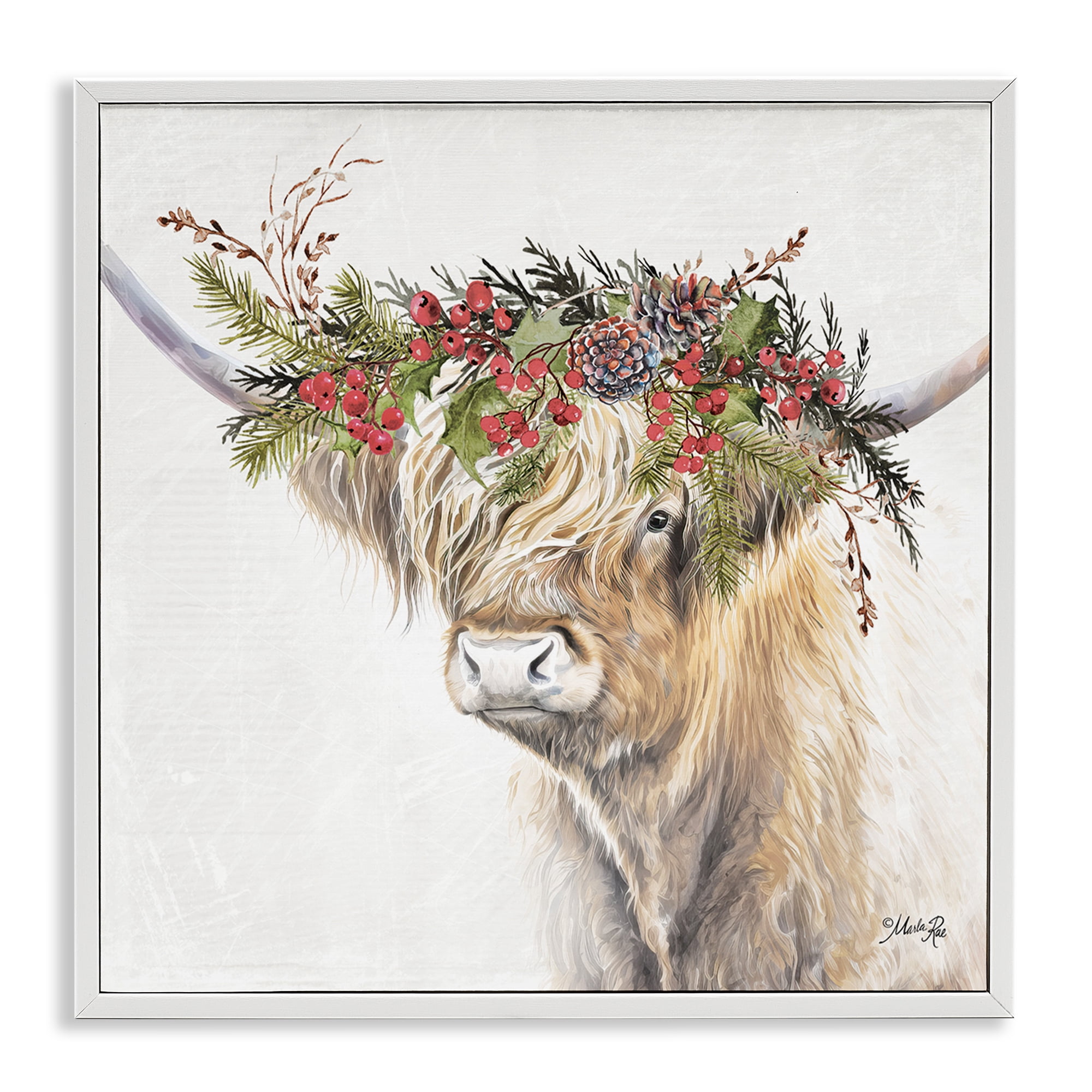 Stupell Industries Cattle with Seasonal Berries Animals & Insects Painting White Framed Art Print Wall Art, 12 x 12