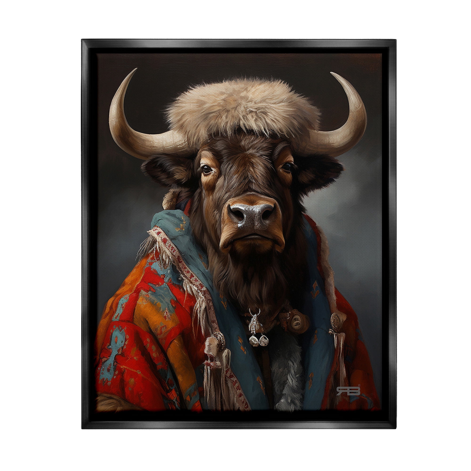 Stupell Industries Cattle with Traditional Clothing Animals & Insects Painting Black Floater Framed Canvas Art Print Wall Art, 17 x 21