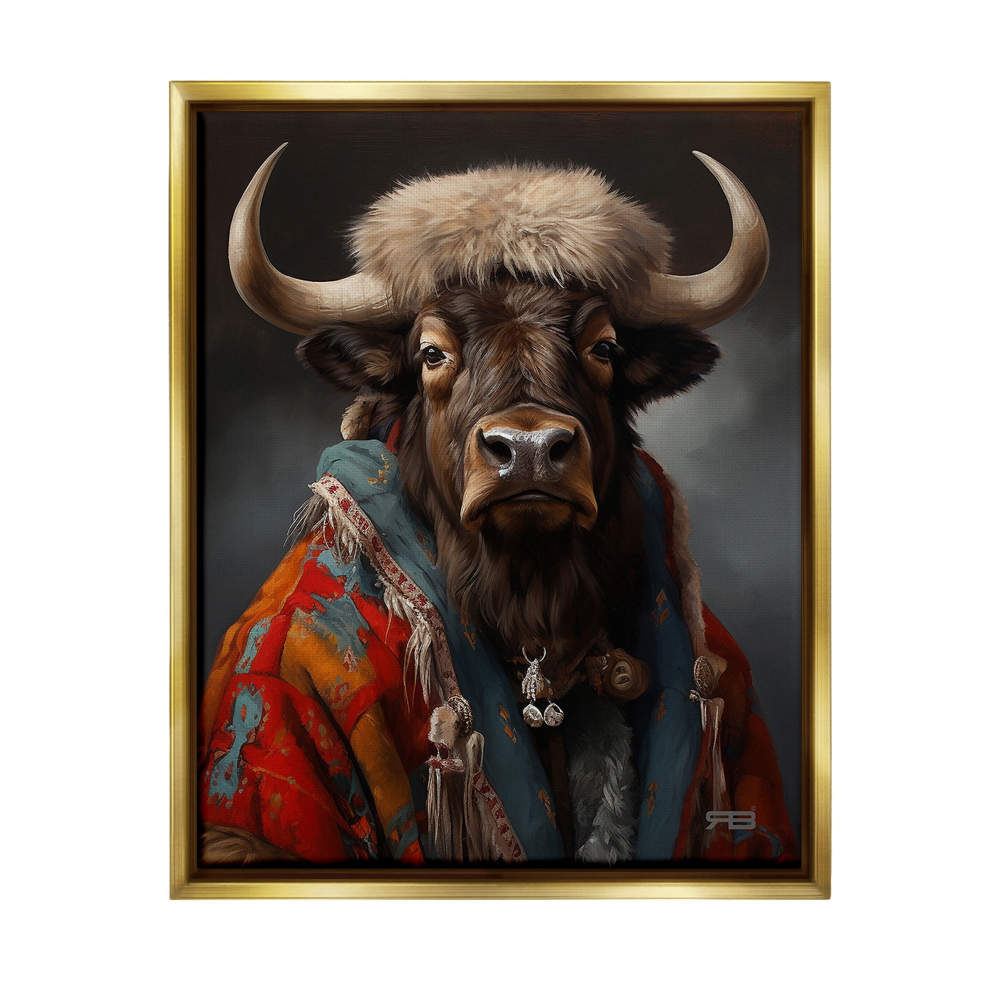 Stupell Industries Cattle with Traditional Clothing Animals & Insects Painting Gold Floater Framed Canvas Art Print Wall Art, 25 x 31
