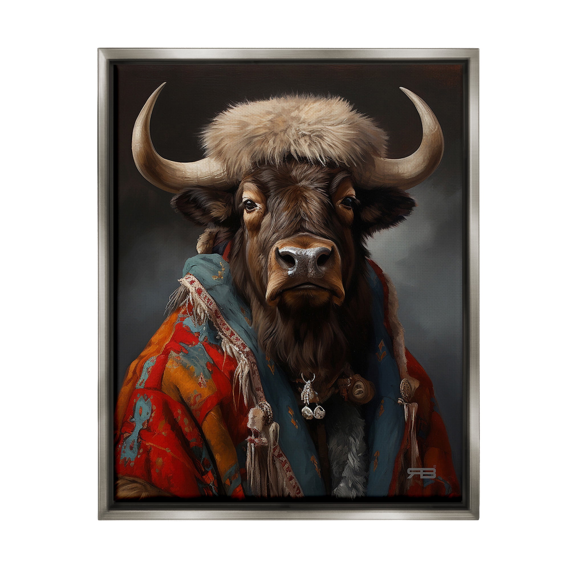 Stupell Industries Cattle with Traditional Clothing Animals & Insects Painting Gray Floater Framed Canvas Art Print Wall Art, 17 x 21