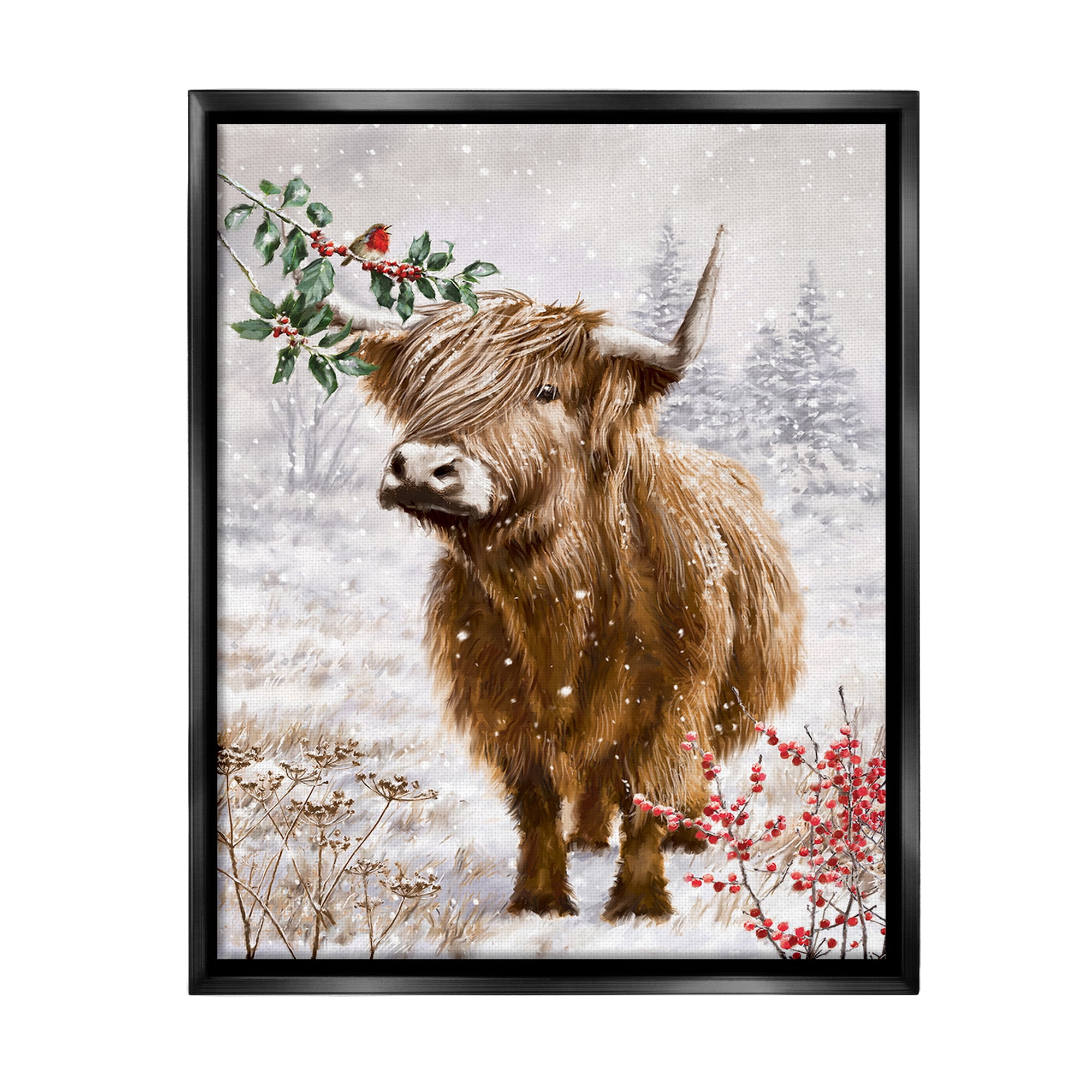 Stupell Industries Cattle with Winter Berries Animals & Insects Painting Black Floater Framed Canvas Art Print Wall Art, 25 x 31