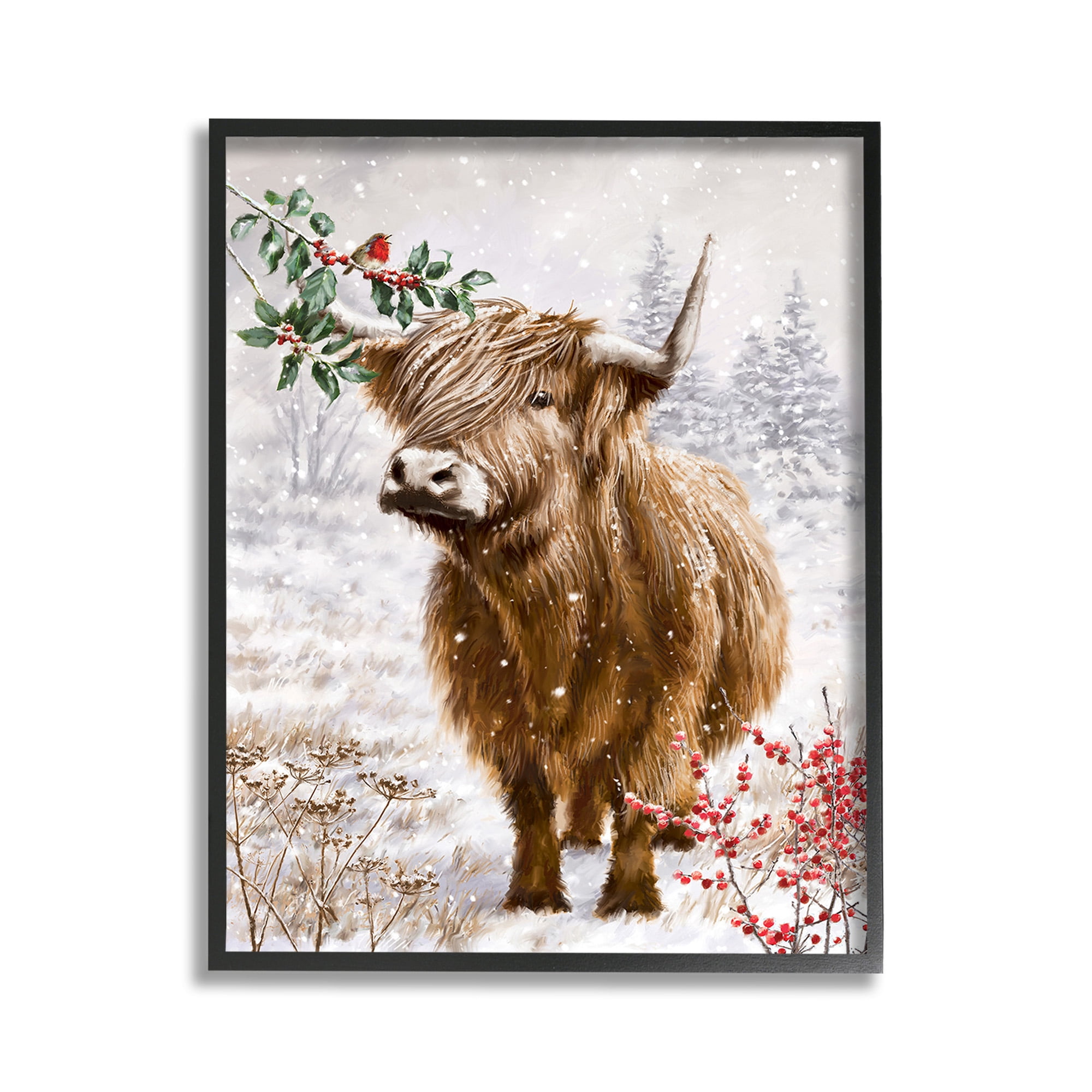 Stupell Industries Cattle with Winter Berries Animals & Insects Painting Black Framed Art Print Wall Art, 11 x 14