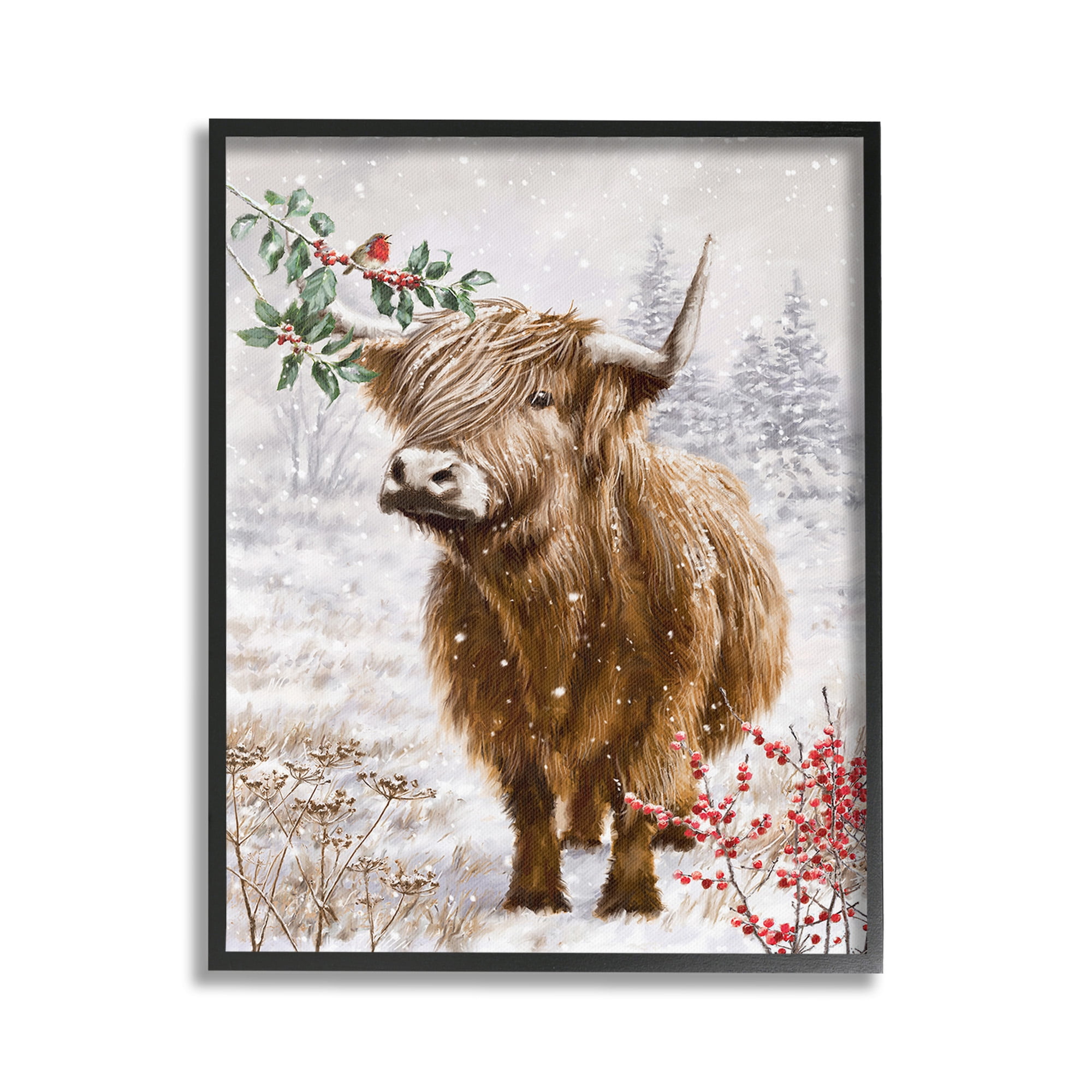 Stupell Industries Cattle with Winter Berries Animals & Insects Painting Black Framed Art Print Wall Art, 16 x 20