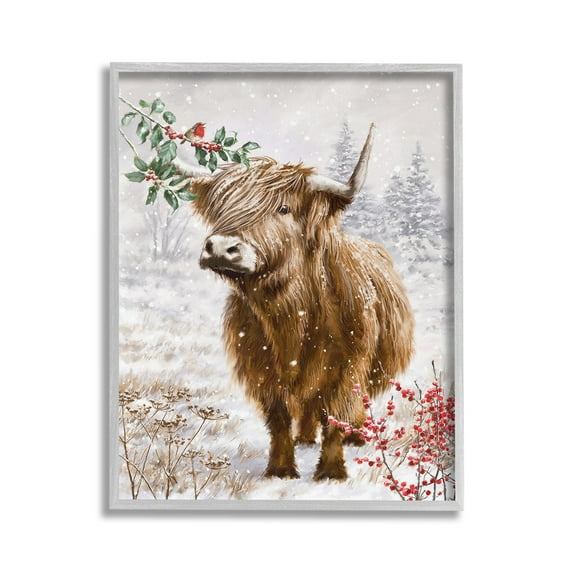Stupell Industries Cattle with Winter Berries Animals & Insects Painting Gray Framed Art Print Wall Art, 16 x 20