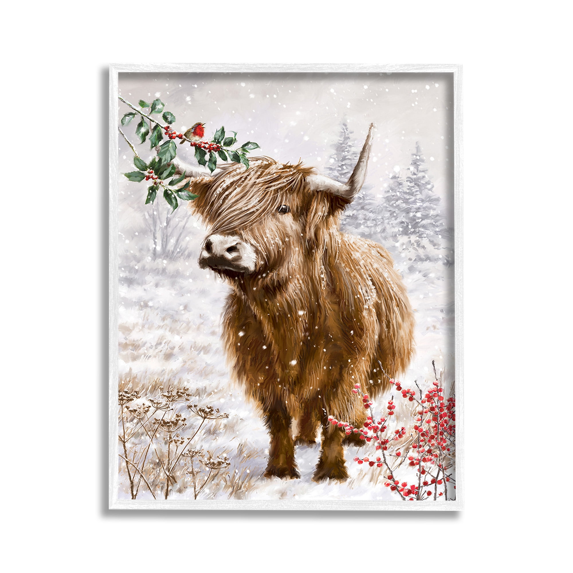 Stupell Industries Cattle with Winter Berries Animals & Insects Painting White Framed Art Print Wall Art, 11 x 14