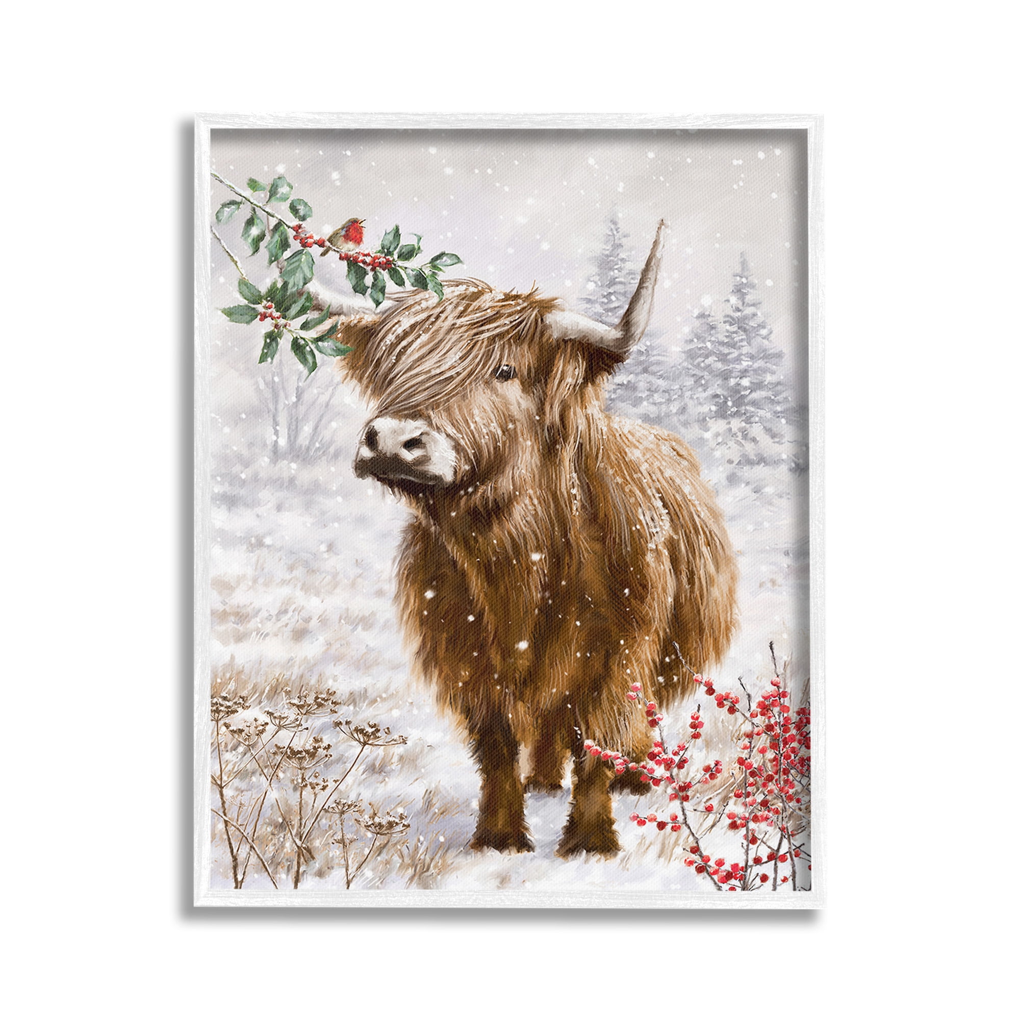 Stupell Industries Cattle with Winter Berries Animals & Insects Painting White Framed Art Print Wall Art, 24 x 30