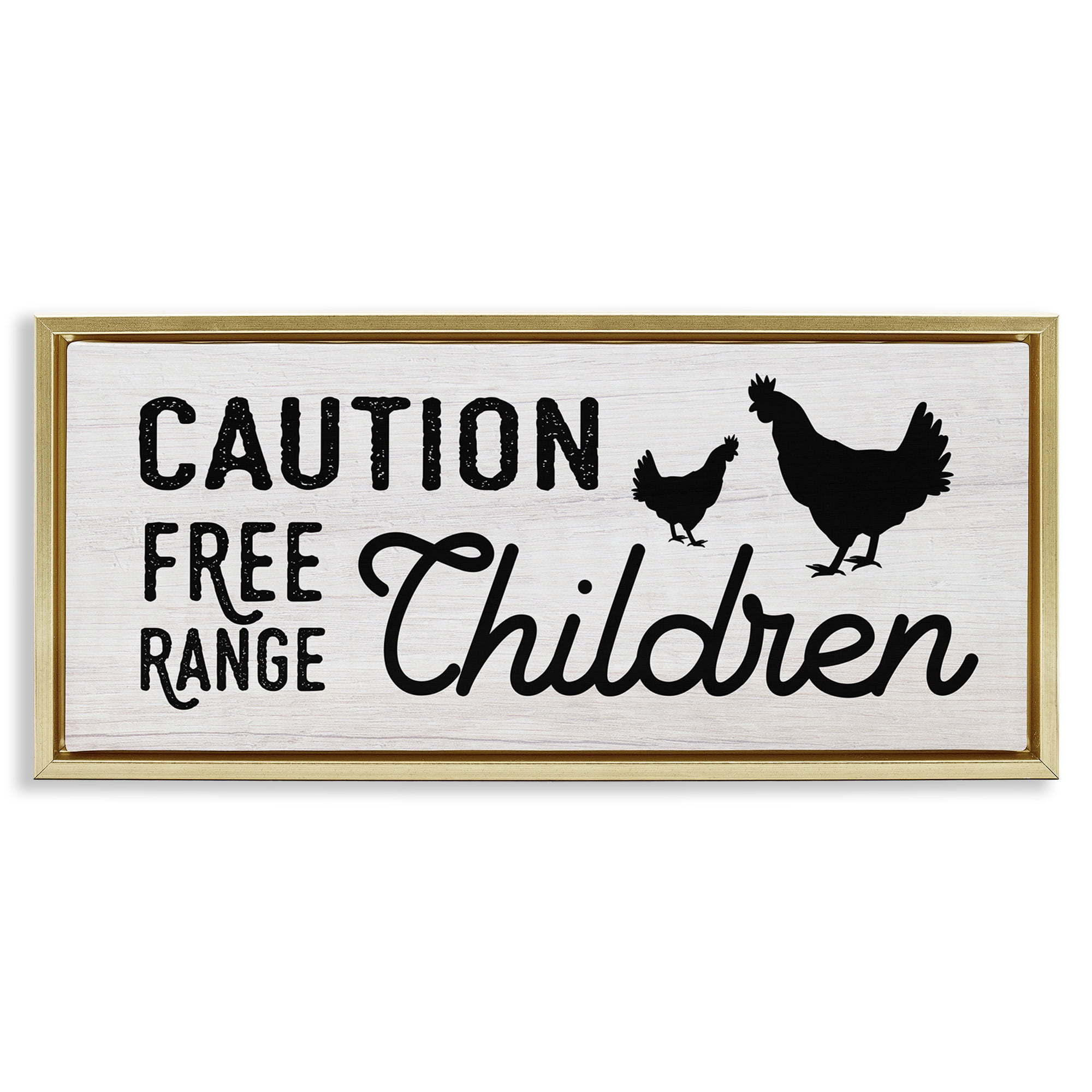Stupell Industries Caution Free Range Children Animals & Insects Painting Gold Floater Framed Canvas Art Print Wall Art, 25 x 11