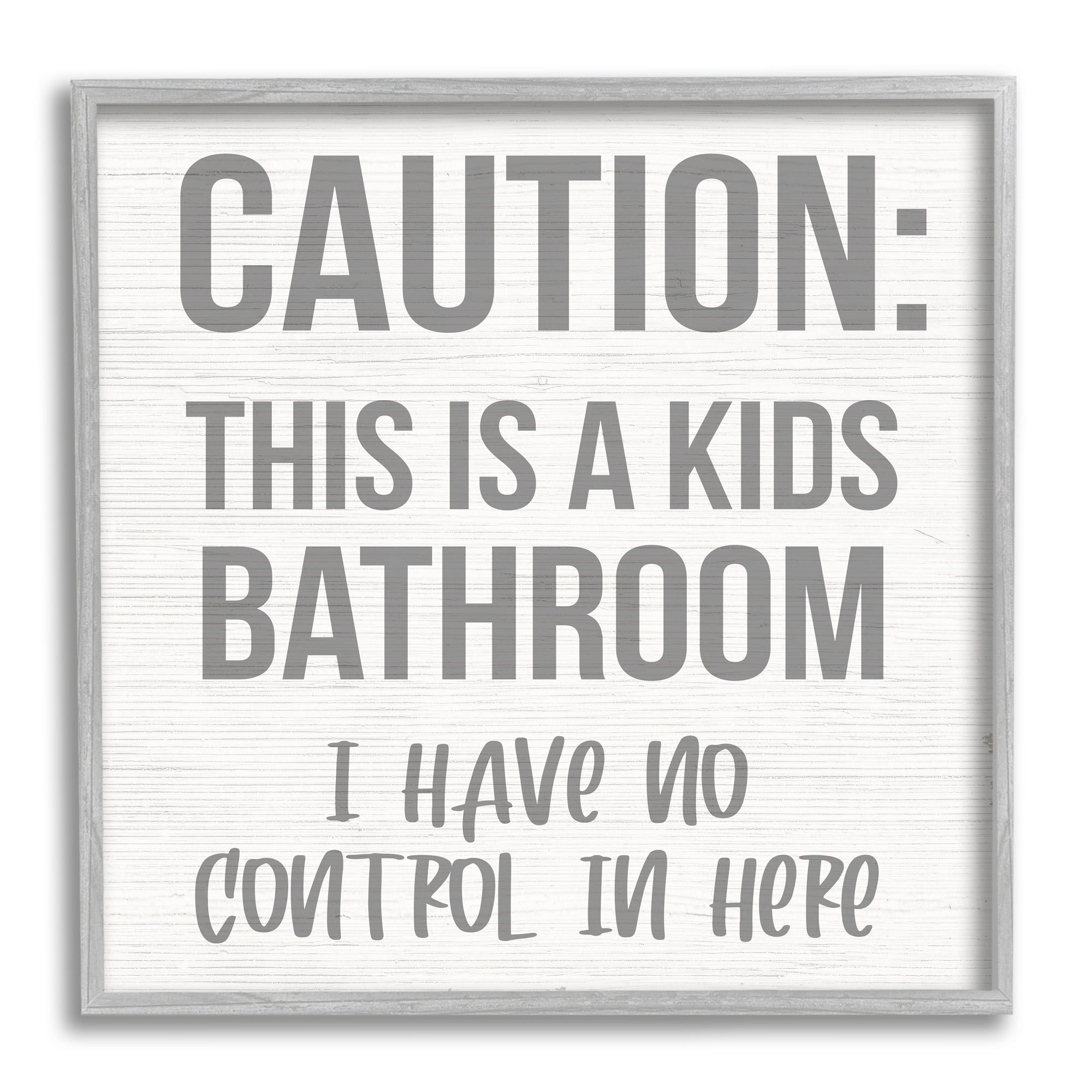 Stupell Industries Caution Kid's Bathroom Phrase Family Home Sign Typography Painting Gray Framed Art Print Wall Art, 24 x 24