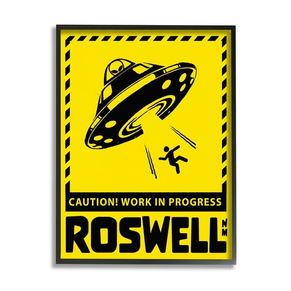 Stupell Industries Caution Roswell NM Alien UFO Travel & Places Painting Black Framed Art Print Wall Art