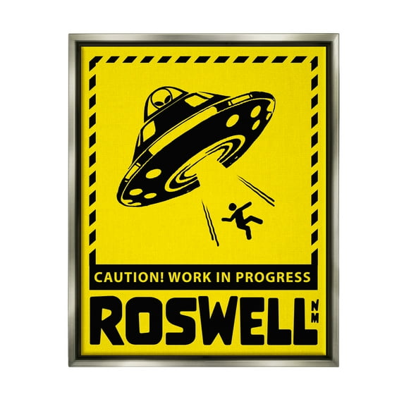 Stupell Industries Caution Roswell NM Alien UFO Travel & Places Painting Gray Floater Framed Art Print Wall Art