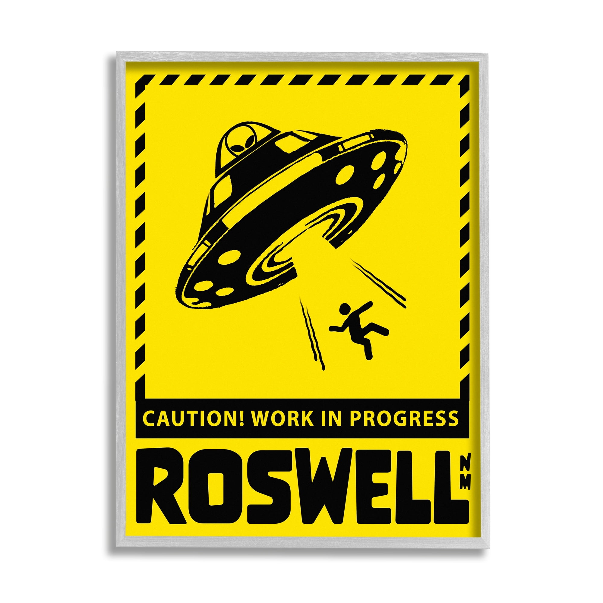 Stupell Industries Caution Roswell NM Alien UFO Travel & Places Painting Gray Framed Art Print Wall Art