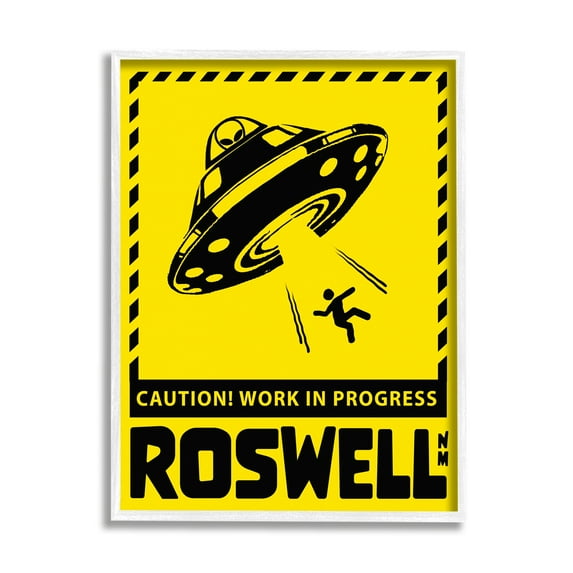 Stupell Industries Caution Roswell NM Alien UFO Travel & Places Painting White Framed Art Print Wall Art