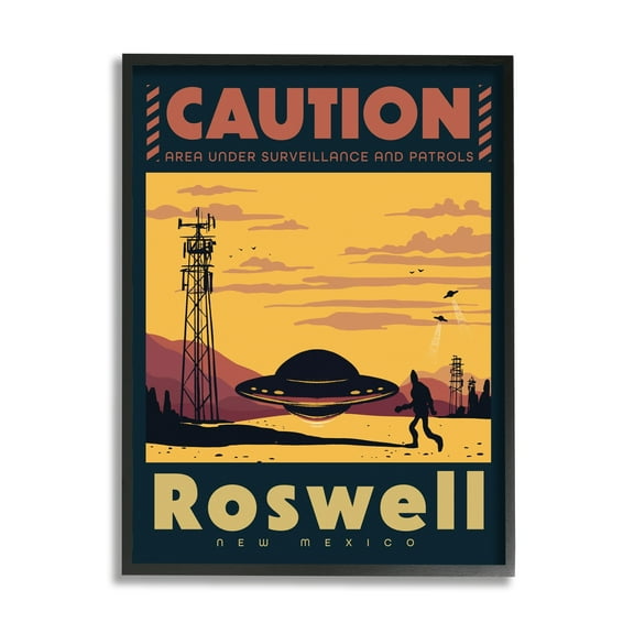 Stupell Industries Caution Roswell New Mexico UFO Travel & Places Painting Black Framed Art Print Wall Art