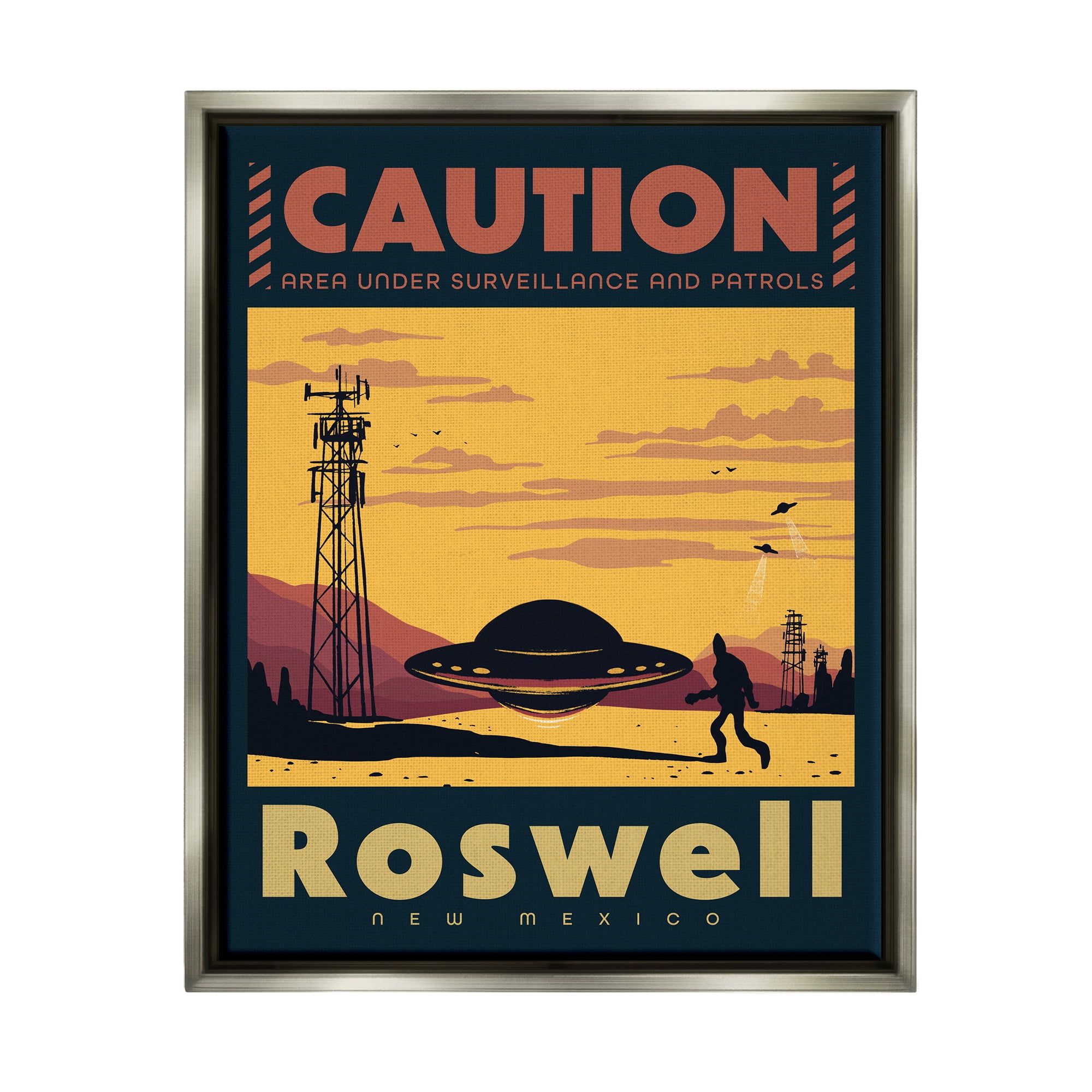 Stupell Industries Caution Roswell New Mexico UFO Travel & Places Painting Gray Floater Framed Art Print Wall Art