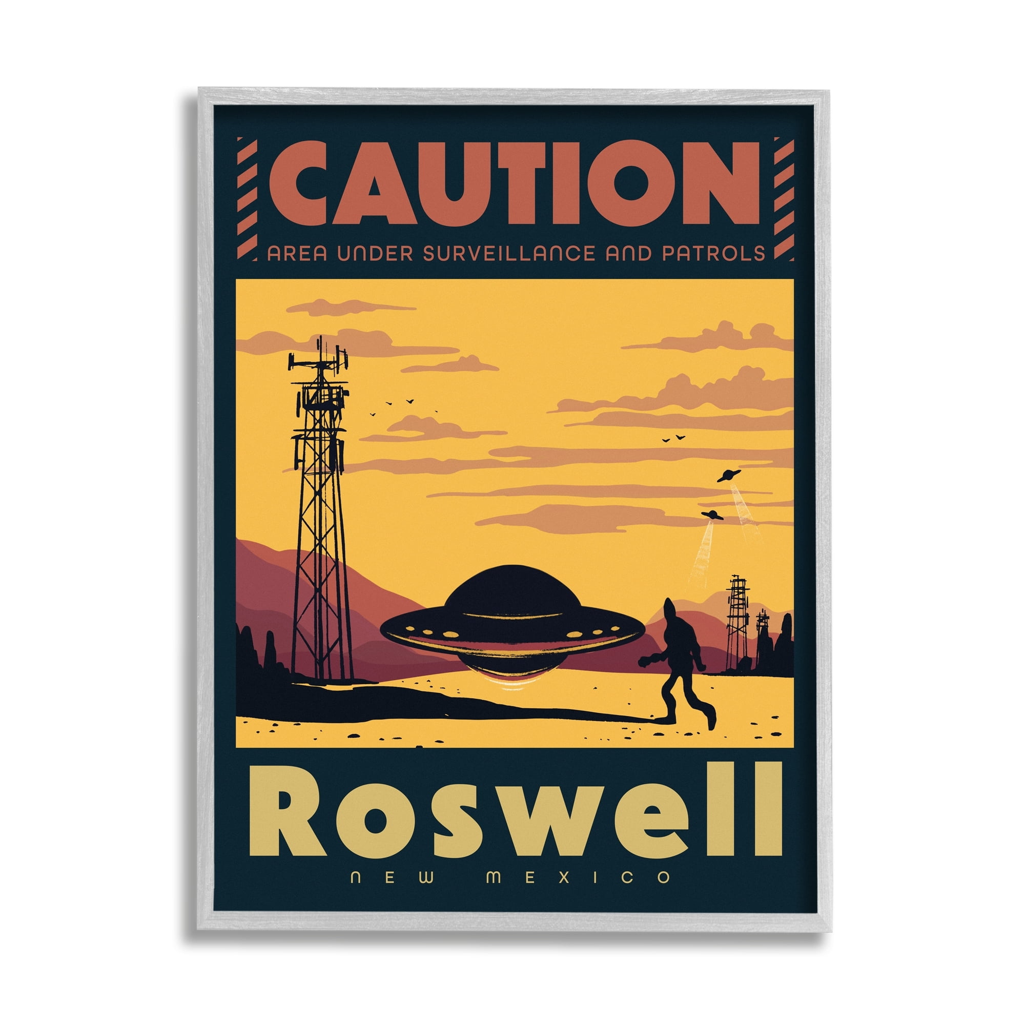 Stupell Industries Caution Roswell New Mexico UFO Travel & Places Painting Gray Framed Art Print Wall Art