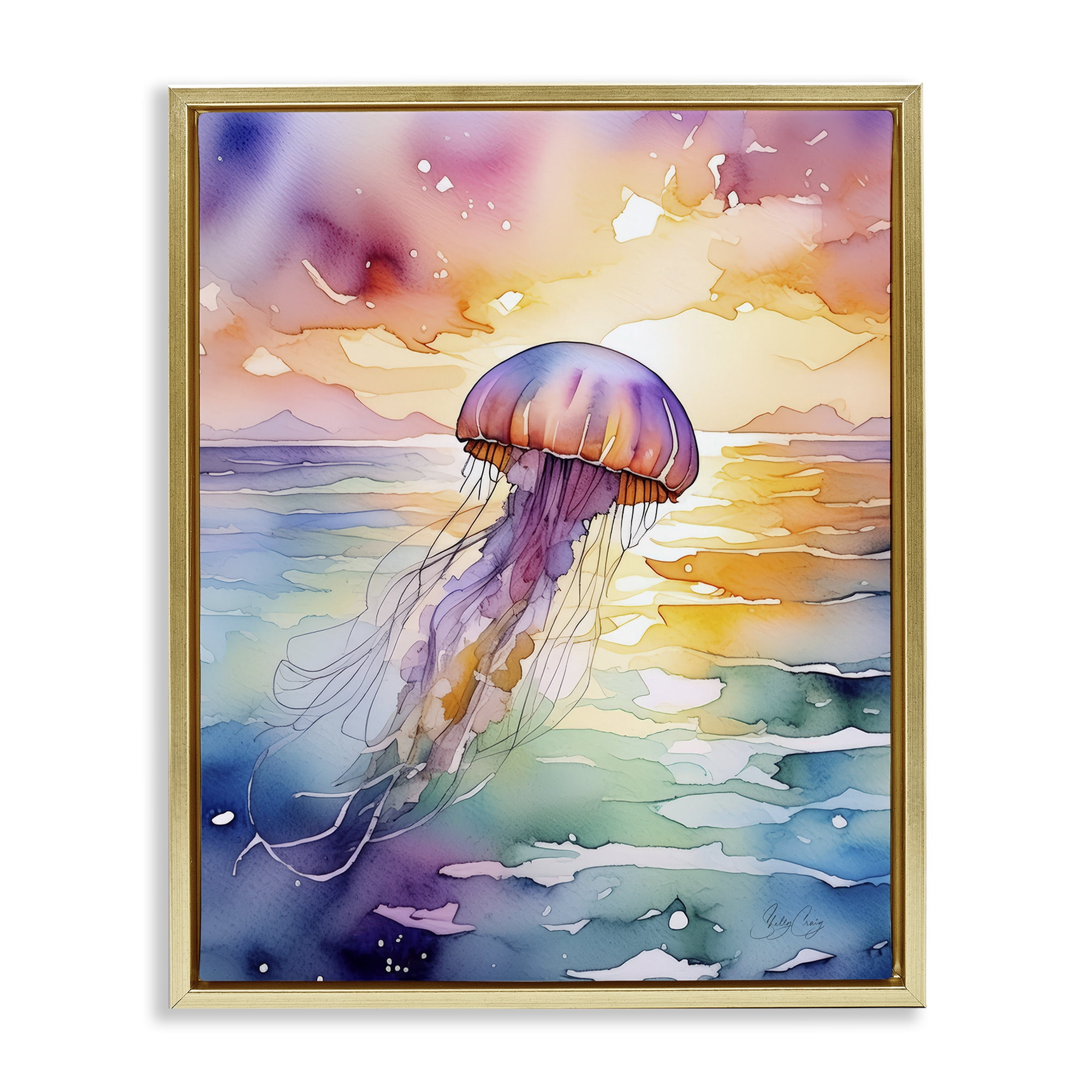 Stupell Industries Celestial Drift Jellyfish Gold Framed Floater Canvas Wall Art, design by Shelly Craig