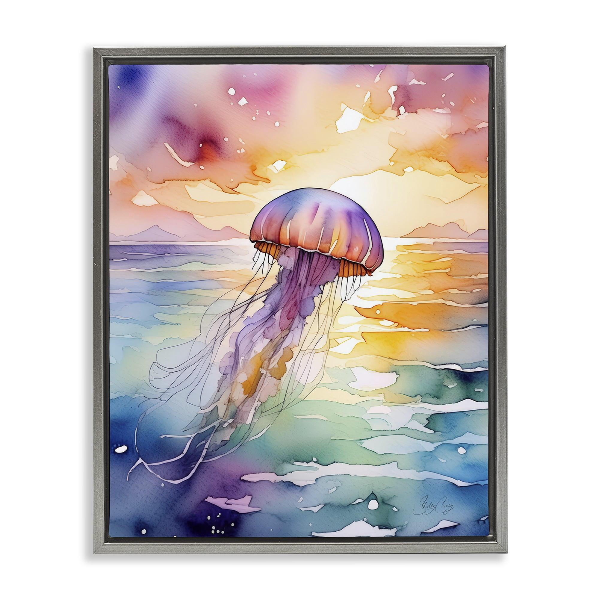 Stupell Industries Celestial Drift Jellyfish Gray Framed Floater Canvas Wall Art, design by Shelly Craig