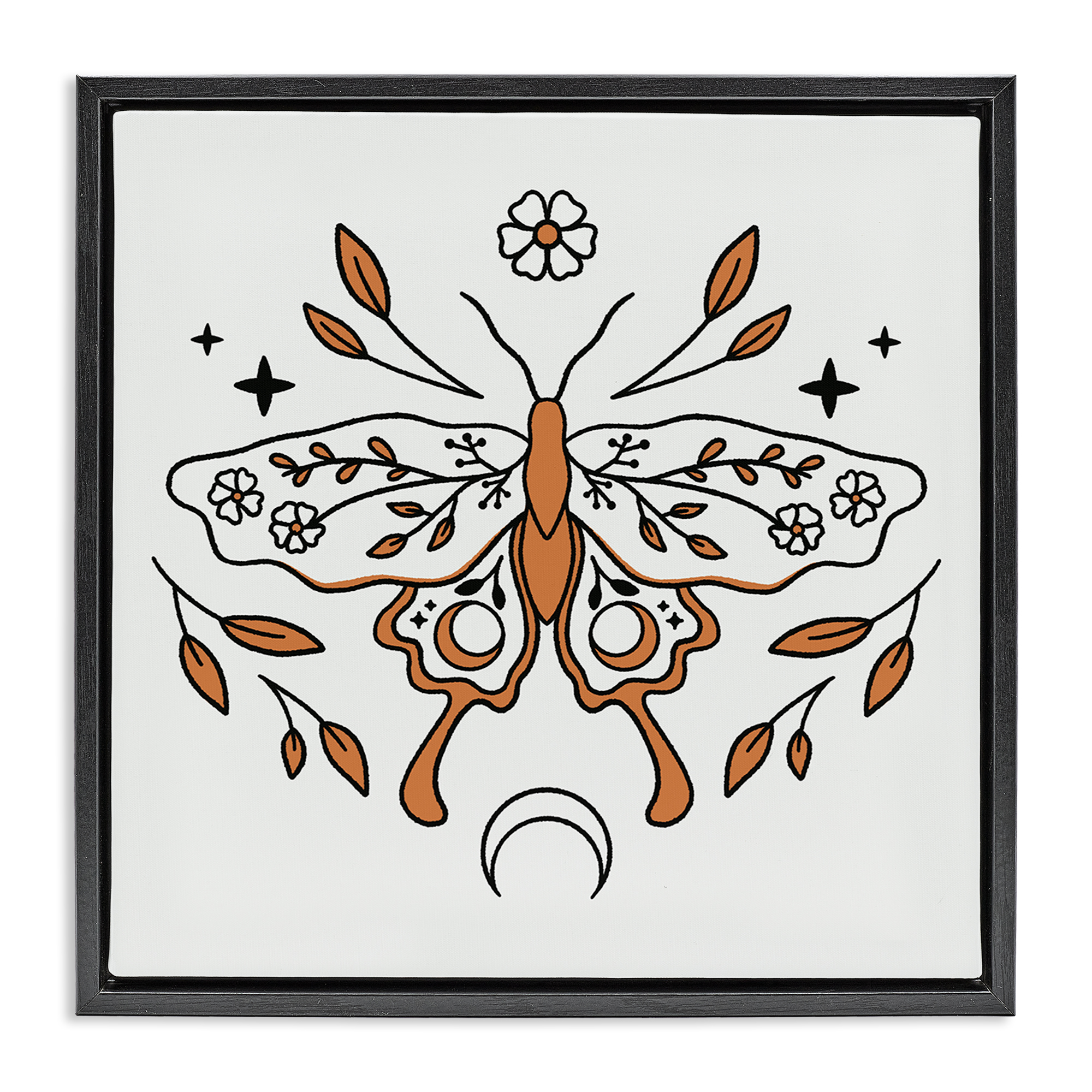 Stupell Industries Celestial Floral Moth Animals Painting Black Floater Framed Canvas Art Print Wall Art, 18 x 18