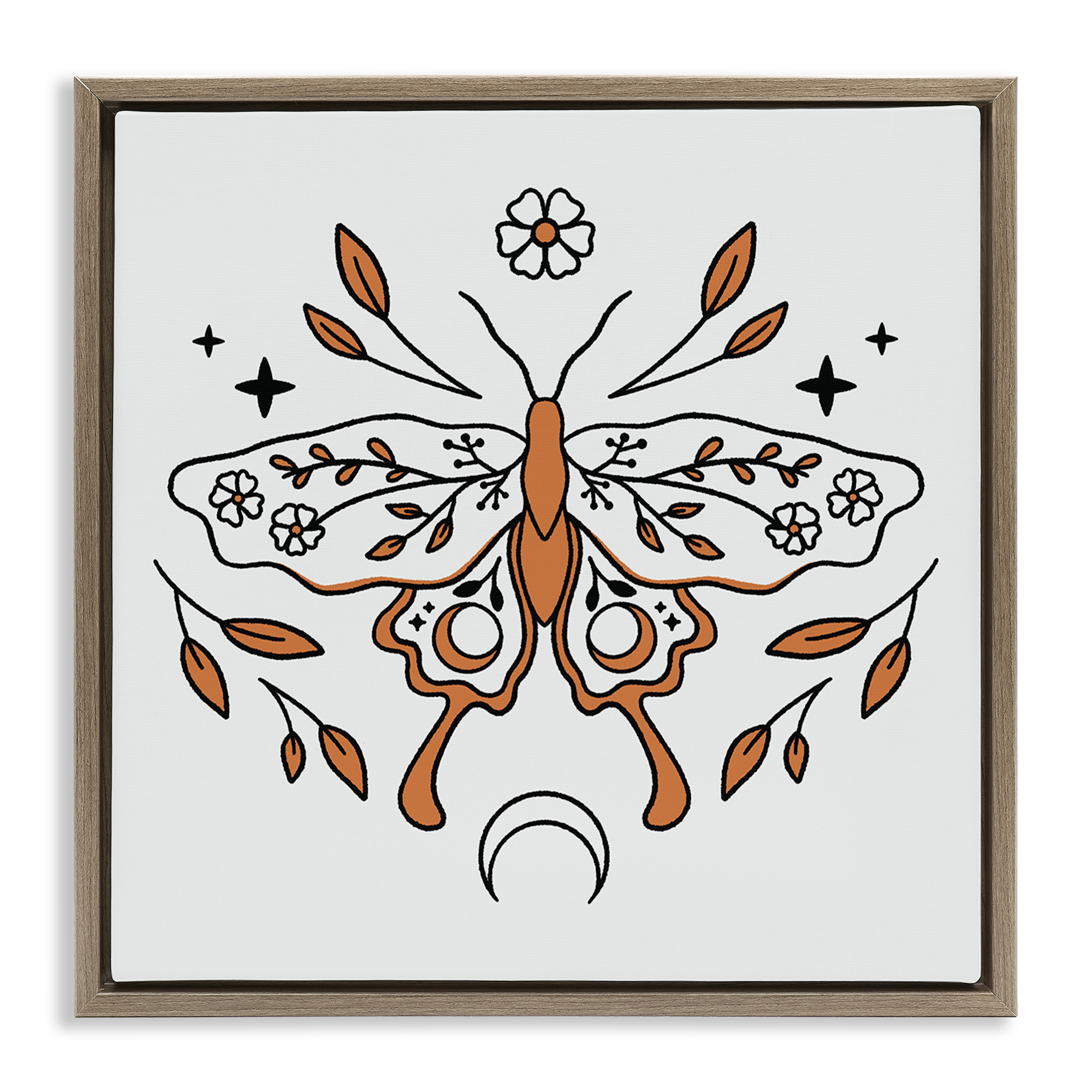 Stupell Industries Celestial Floral Moth Animals Painting Brown Floater Framed Canvas Art Print Wall Art, 18 x 18