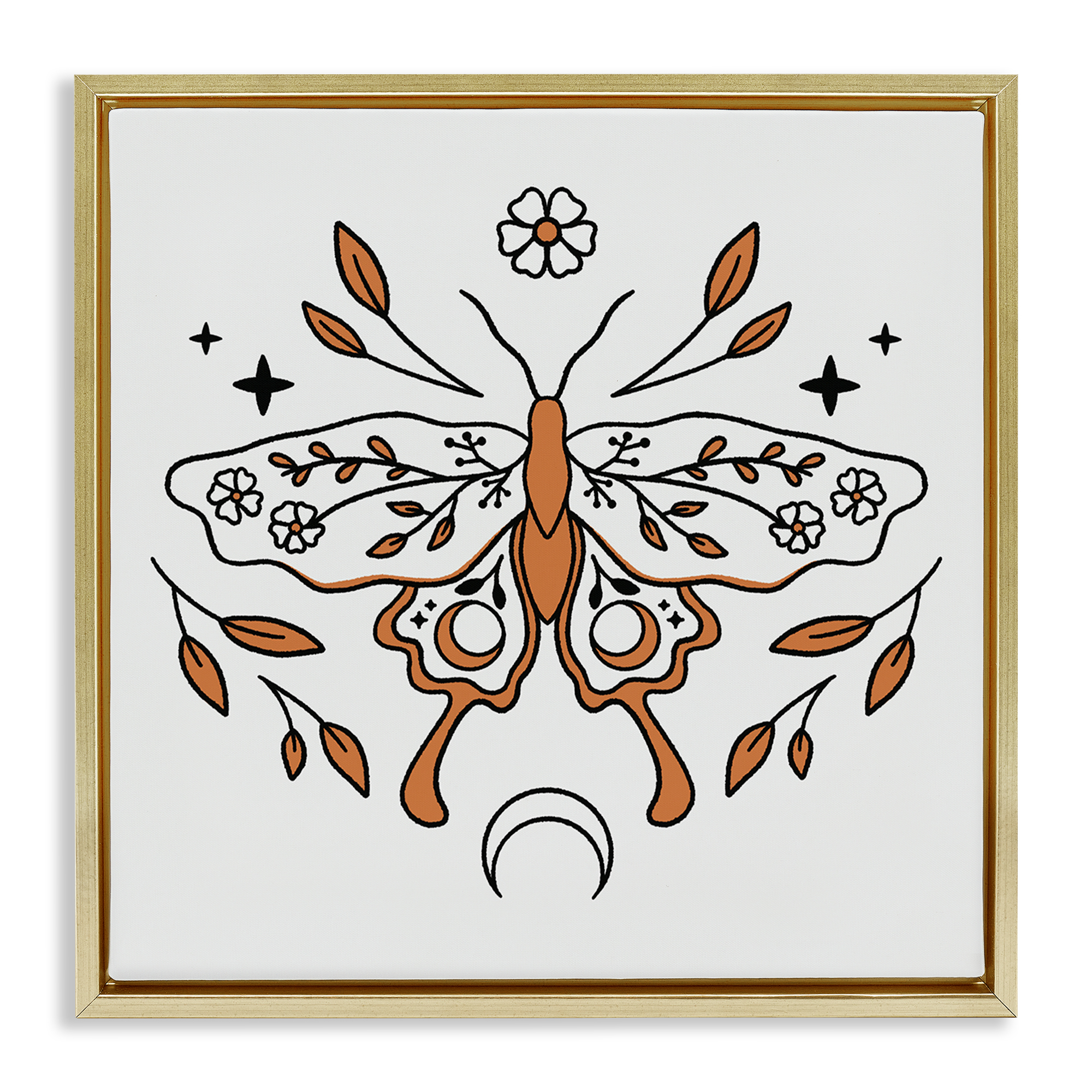 Stupell Industries Celestial Floral Moth Animals Painting Gold Floater Framed Canvas Art Print Wall Art, 25 x 25