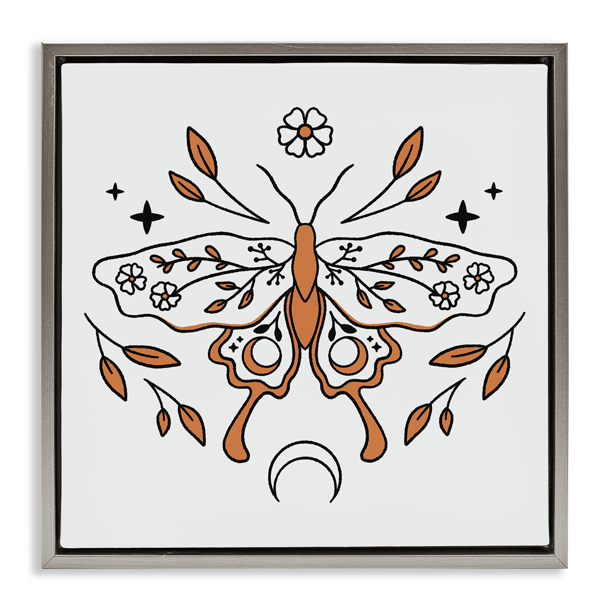 Stupell Industries Celestial Floral Moth Animals Painting Gray Floater Framed Canvas Art Print Wall Art, 18 x 18