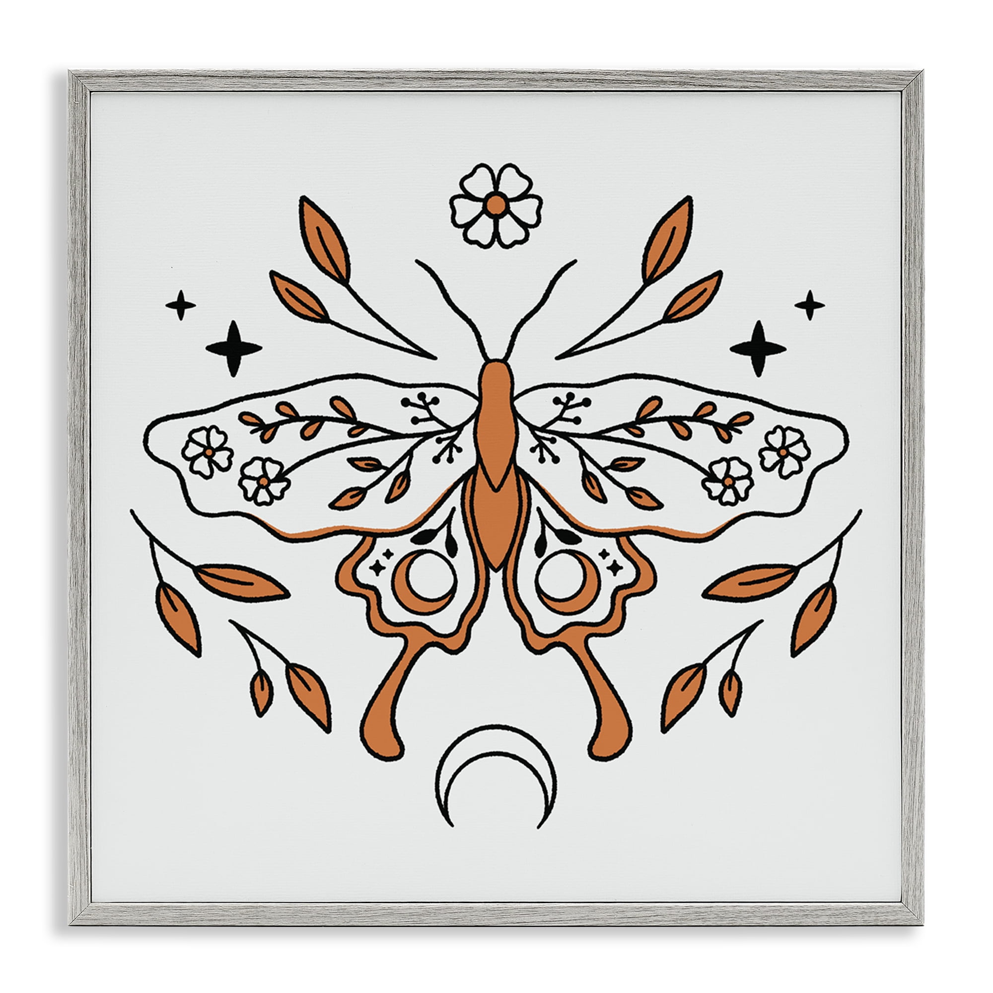 Stupell Industries Celestial Floral Moth Animals Painting Gray Framed Art Print Wall Art, 17 x 17